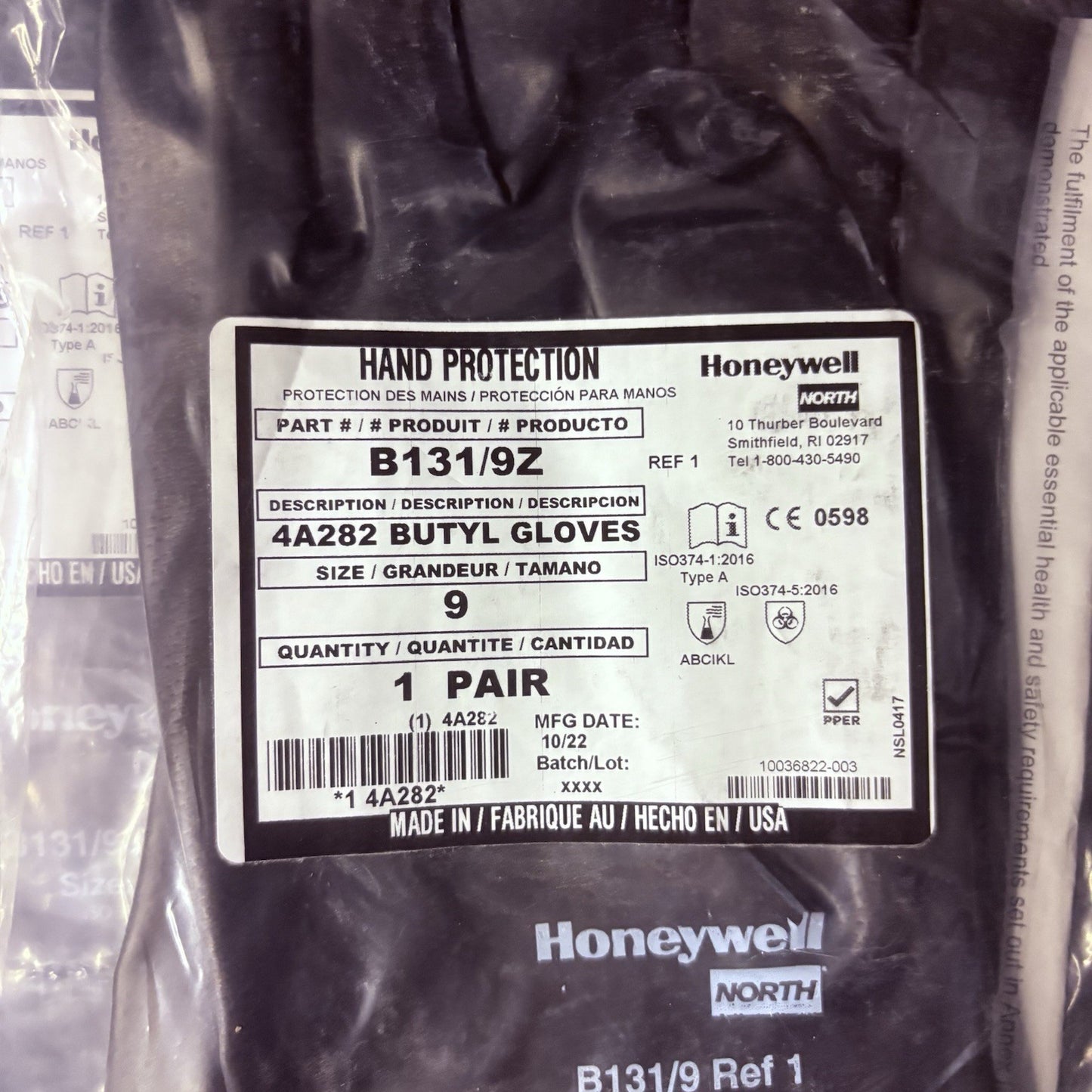 (5 Pack) Honeywell Butyl Gloves North B131/9 Chemical Resistant 13 Mil Sz 91