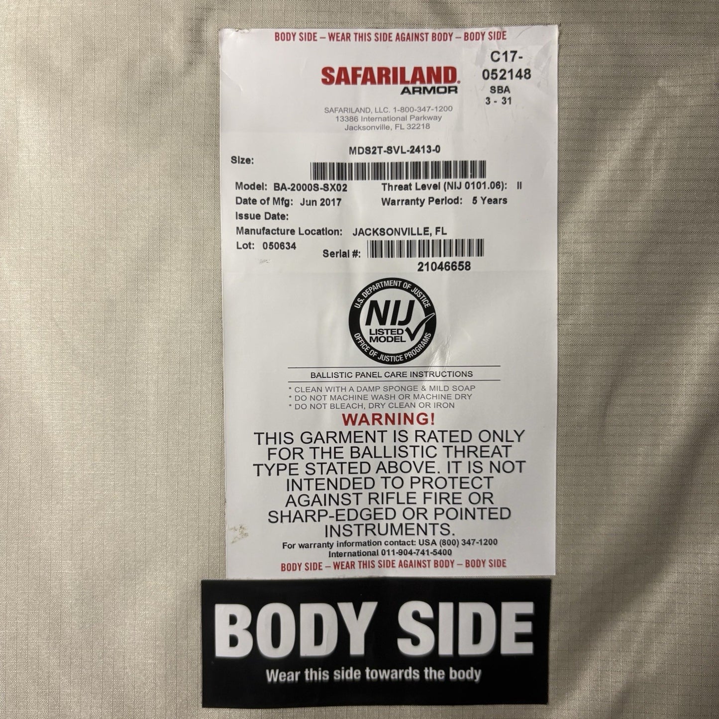 Safariland SX Level 2(II) Armor Size X-Large XL Thinnest Lightest Bullet Proof4