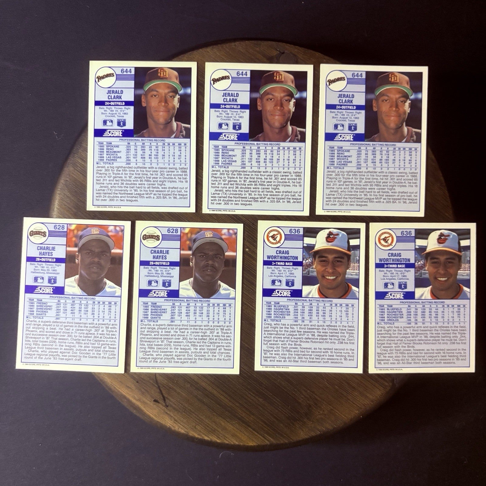 (Lot Of 7) 1989 Score Rookie Cards #644 Jerald Clark, #628 Charlie Hayes, #6361