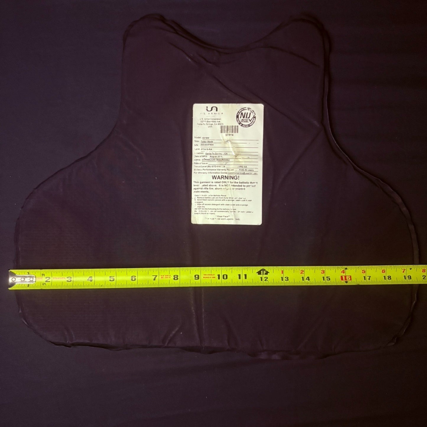 US Armor IIIA (3A) Bullet Proof Concealable Vest -Size Large- 201911