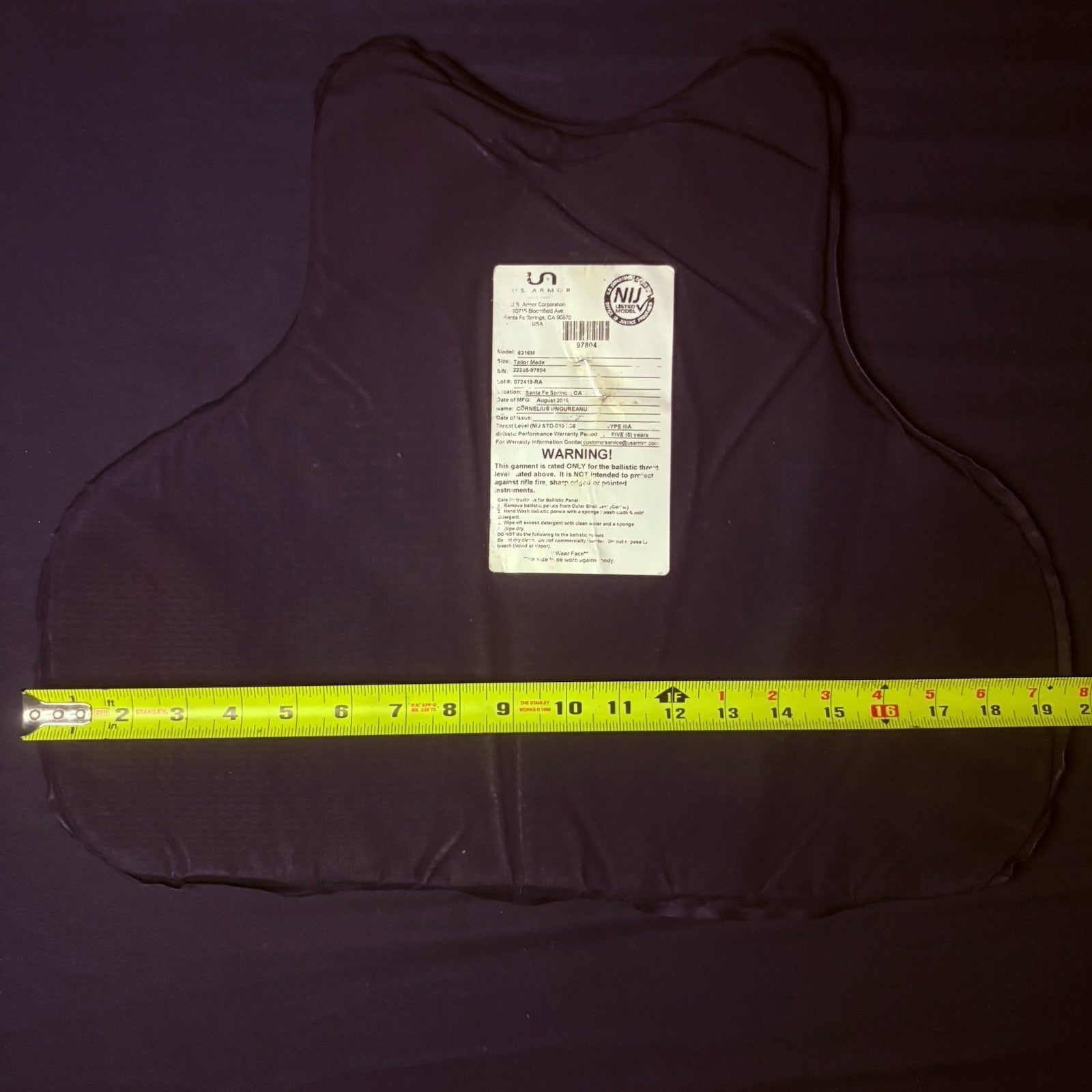 US Armor IIIA (3A) Bullet Proof Concealable Vest -Size Large- 201911