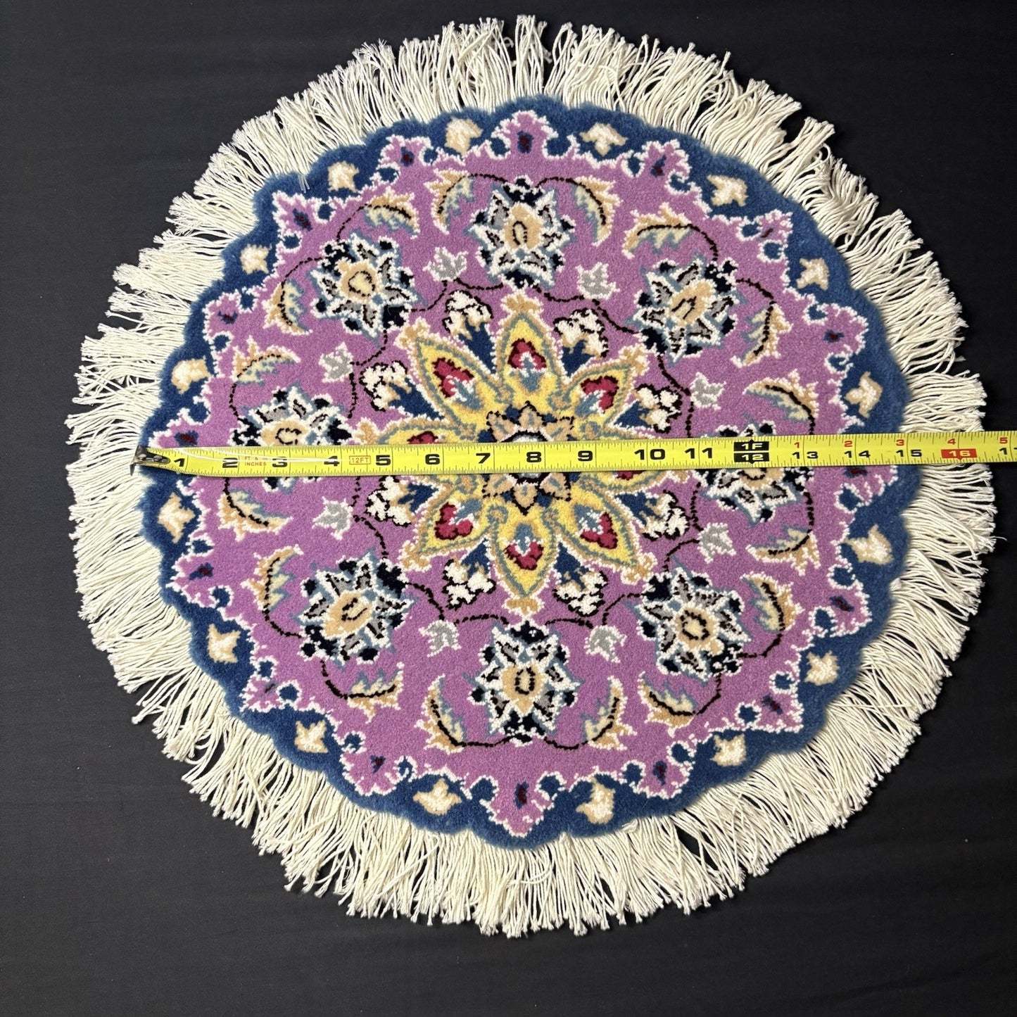 Persian Nain Round Rug Purple Medallion Rug Hand Knotted Size 15”x15” Or 38cm7