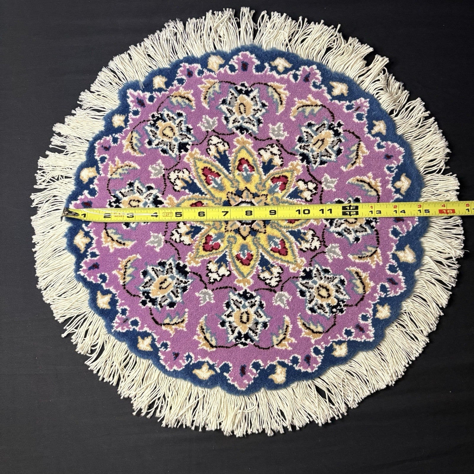 Persian Nain Round Rug Purple Medallion Rug Hand Knotted Size 15”x15” Or 38cm7