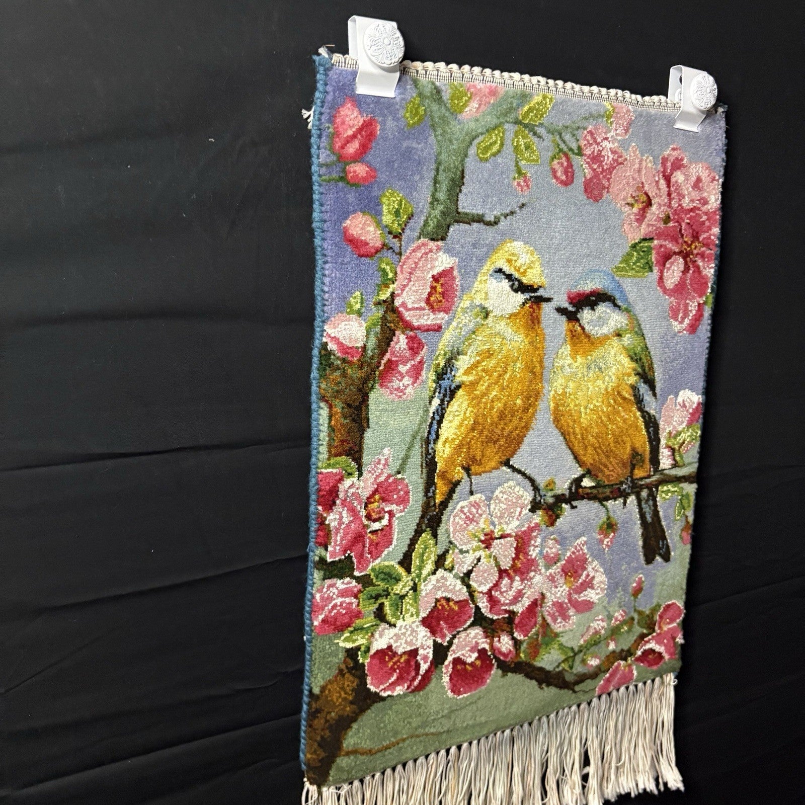 Per’sian Pictorial Rug Hand Knotted Birds & Flowers w/Silk 21”x15” w/Rug Hangers3