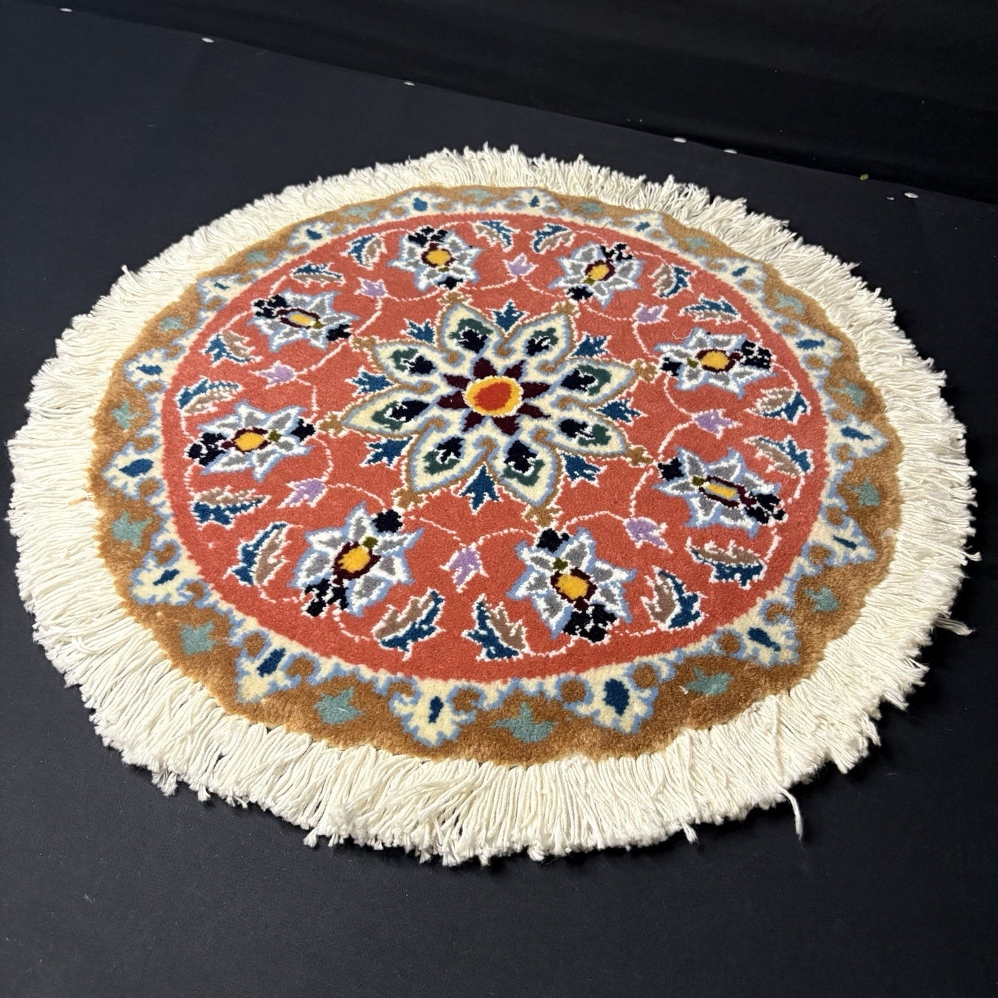 Persian Nain Medallion Round Rug Hand Knotted Size 17”x17” Or 43cm X43cm Orange2