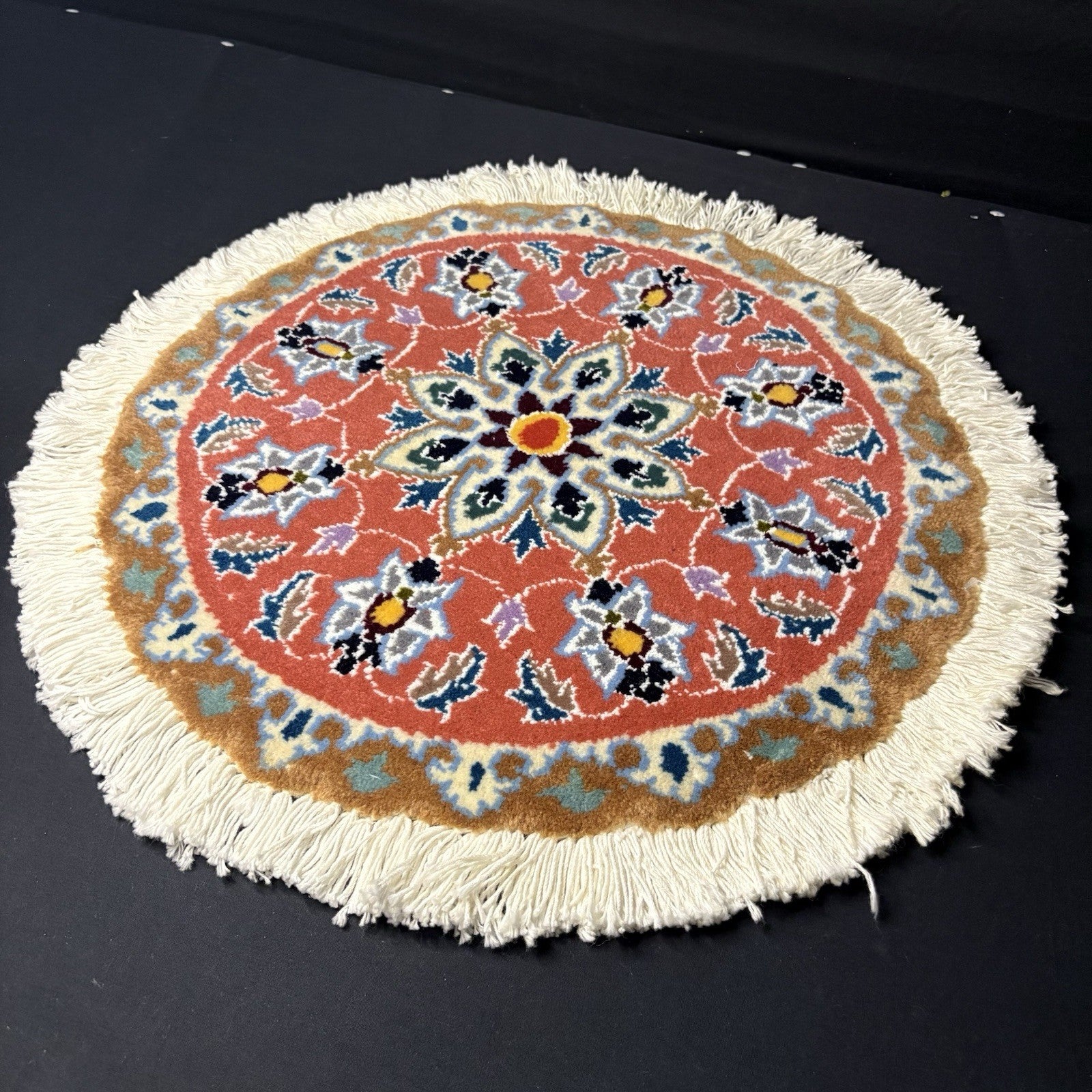 Persian Nain Medallion Round Rug Hand Knotted Size 17”x17” Or 43cm X43cm Orange2