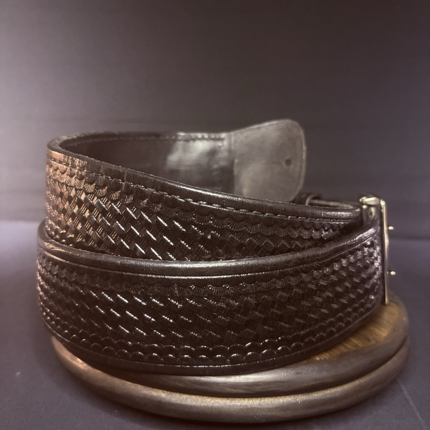 Aker Sam Browne Duty Belt Size 44" (B03-44)  Basketweave w/Chrome Brass Buckle4