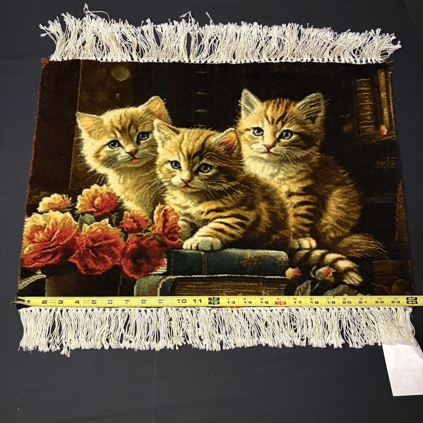 Pictorial Rug Kittens Hand Knotted w/Silk Inlays 24”x16” w/Rug Hangers15