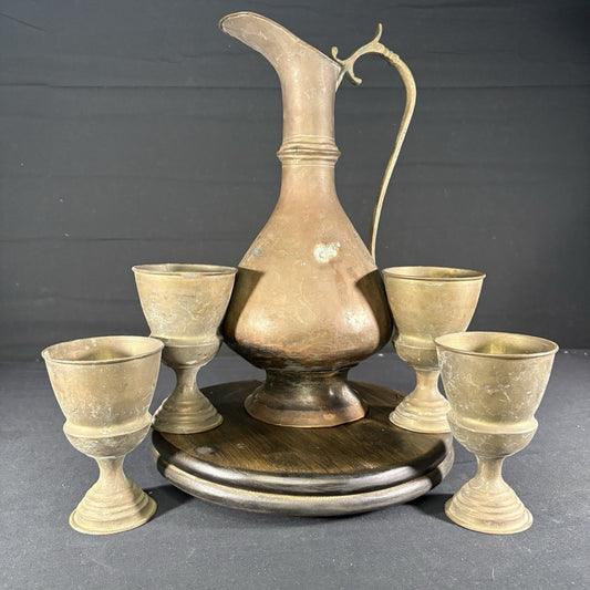 Antique Arabic Pitcher w/ Cups Middle Eastern Hand Hammered Brass Early 1900s0