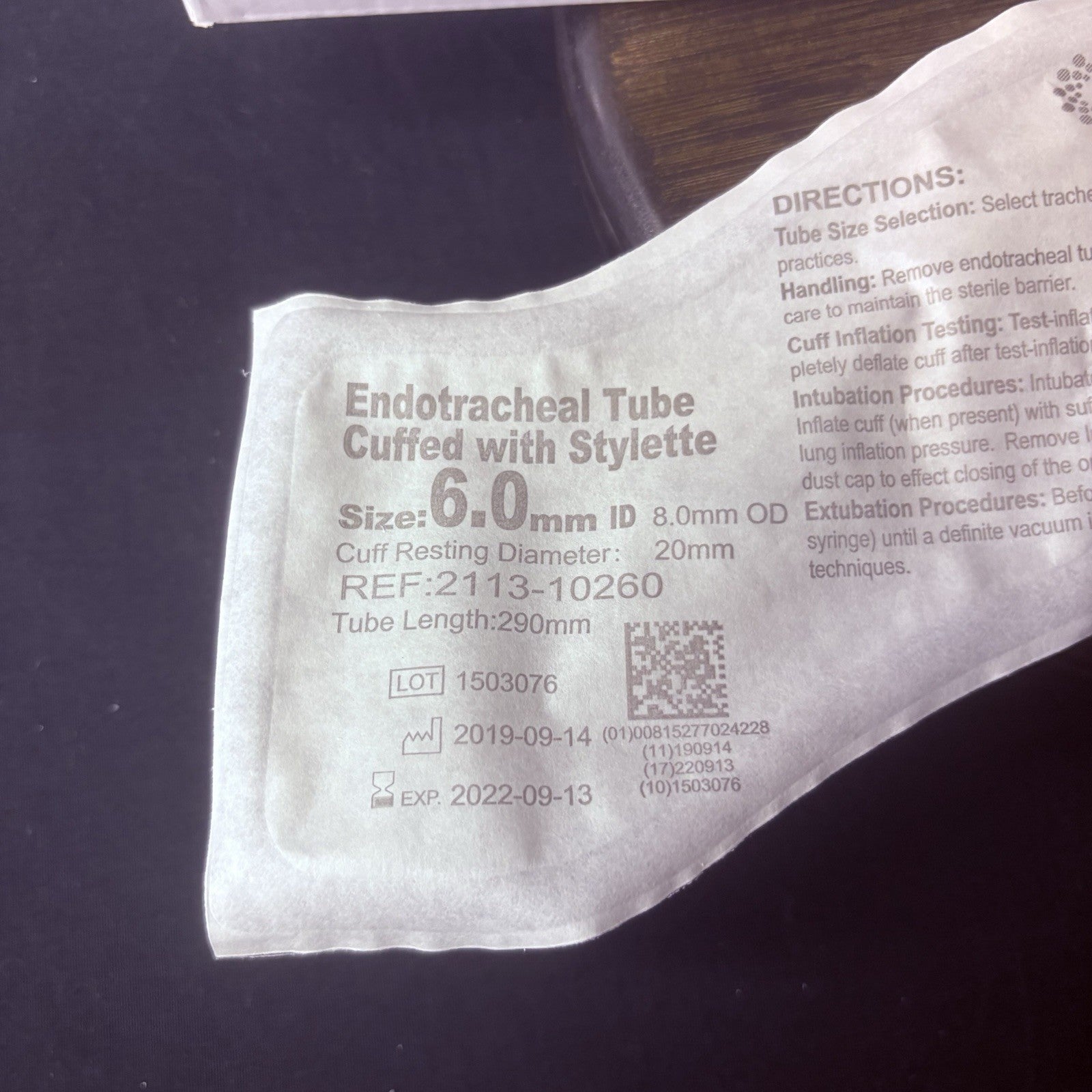 Sterile Endotracheal Tube 6.0 mm w/Cuff Individually Packaged Sealed (Pack Of 2)5