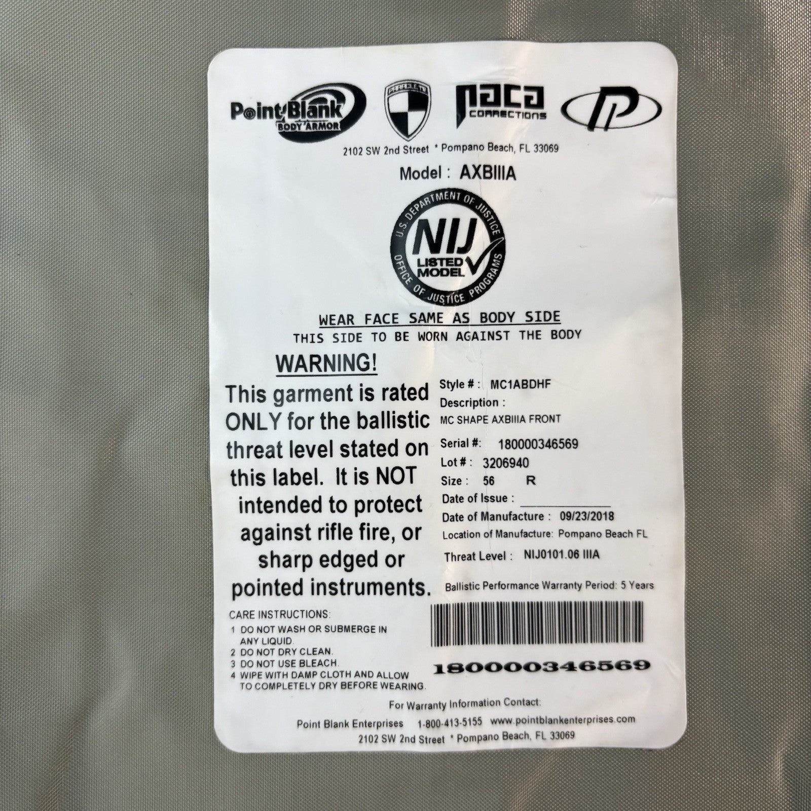 PB AXIIIA Level 3A(IIIA) Armor Size X-Large w/Safariland V1 Overt Carrier Vest3