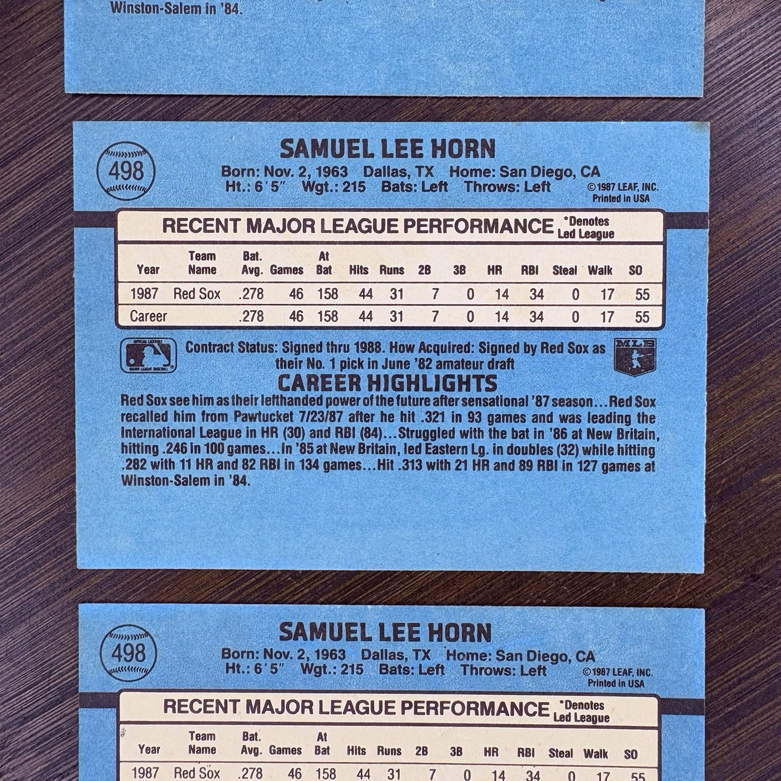 1988 Donruss #498 Sam Horn Rookie RC Lot 3 Boston Red Sox10