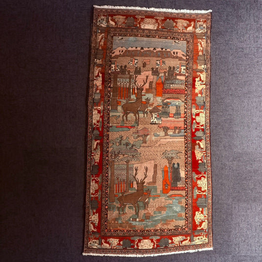 Antique Persian Hand Knotted Pictorial Rug 9'x5' 1940s Kashann Rug1