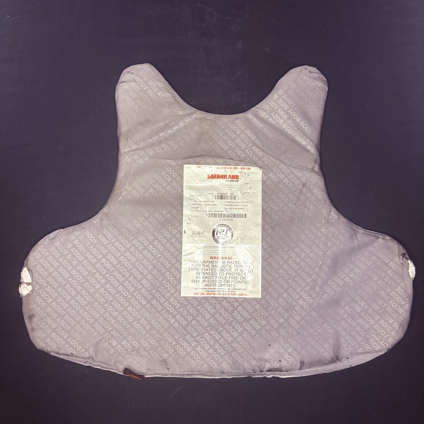 Safariland SX 3A Vest Size Medium Thin Bullet Proof IIIA Ballistic Armor 202010