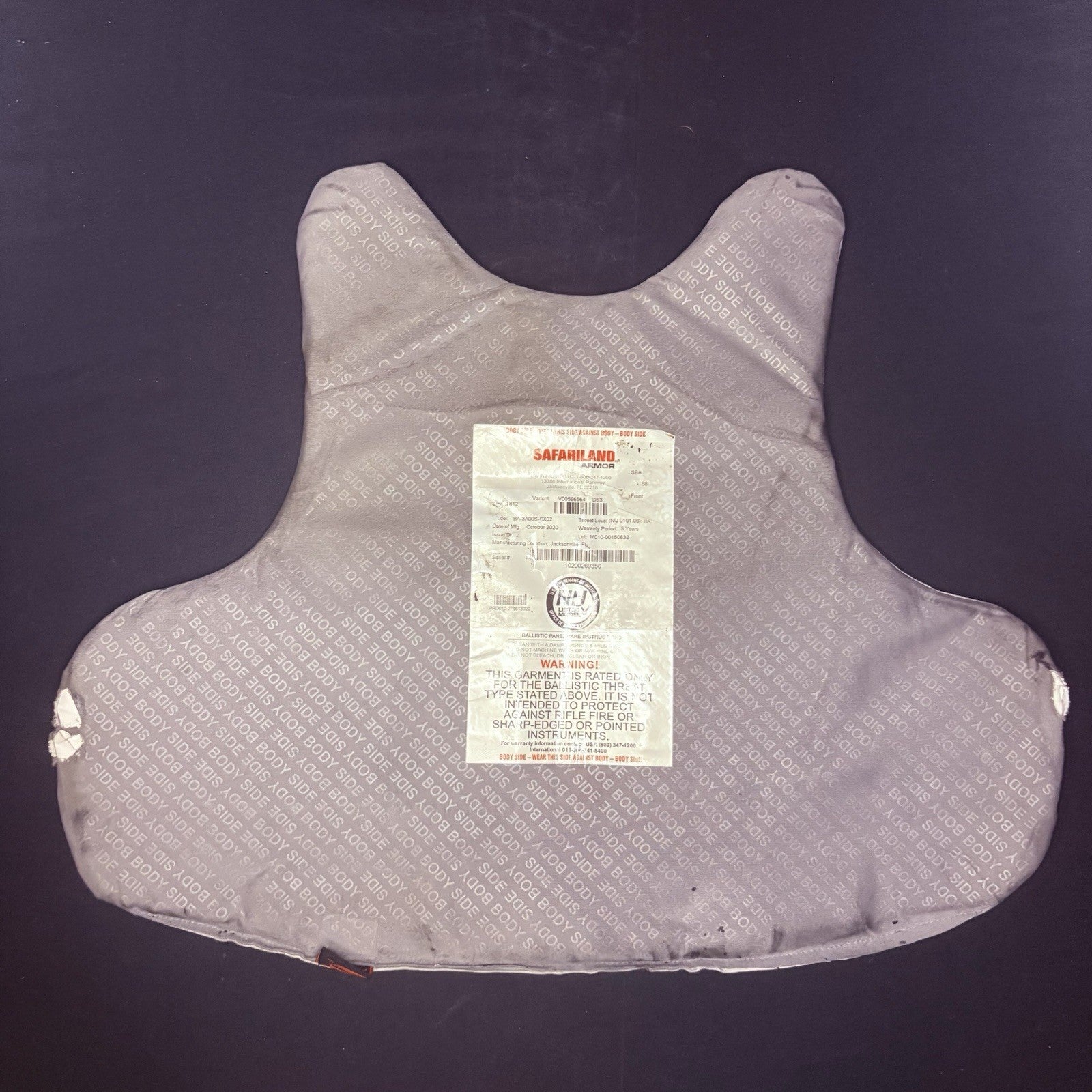 Safariland SX 3A Vest Size Medium Thin Bullet Proof IIIA Ballistic Armor 202010