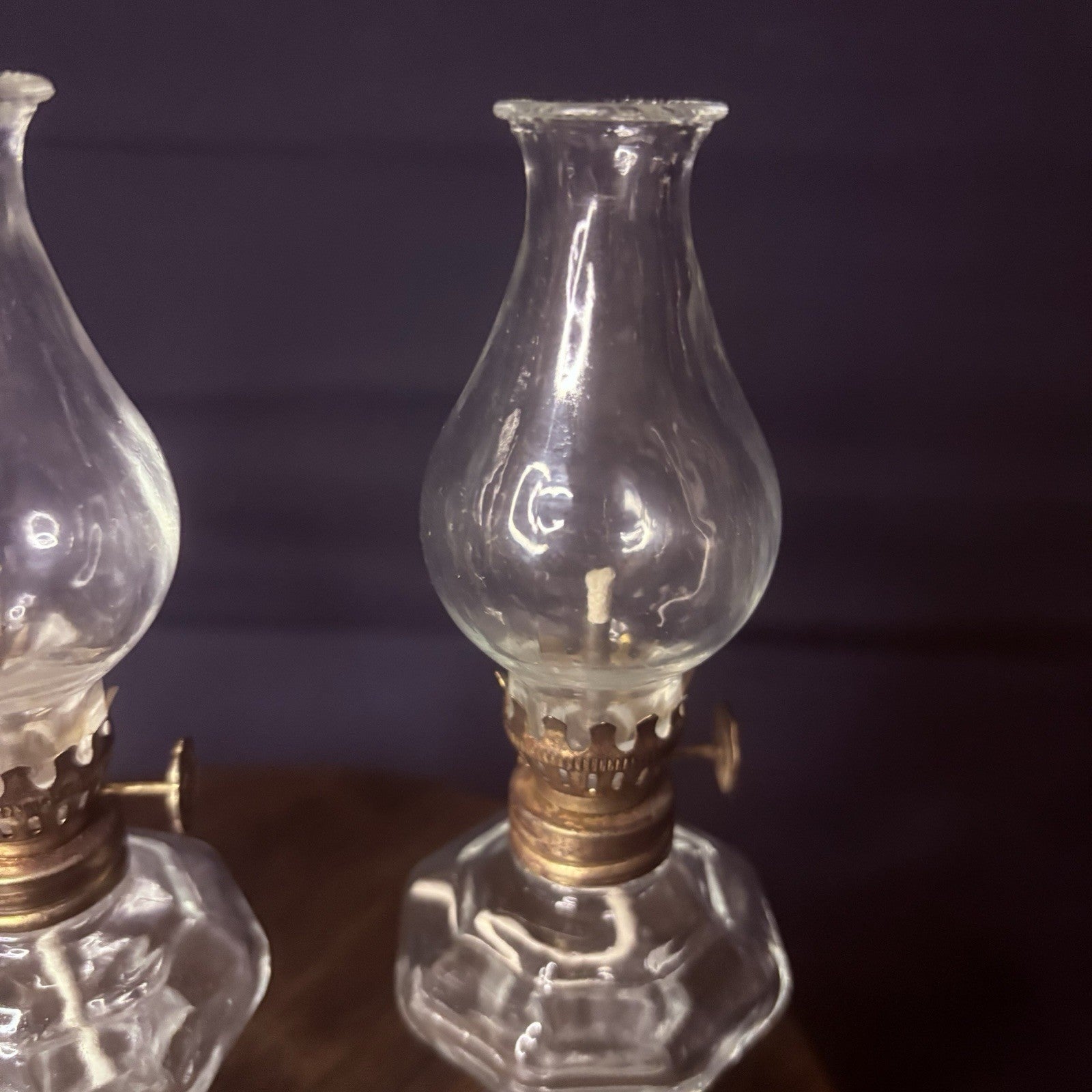 VTG 3 Miniature Hurricane Oil Lamp Set Of 3, Thick Glass Octagon Base - 6.5"19