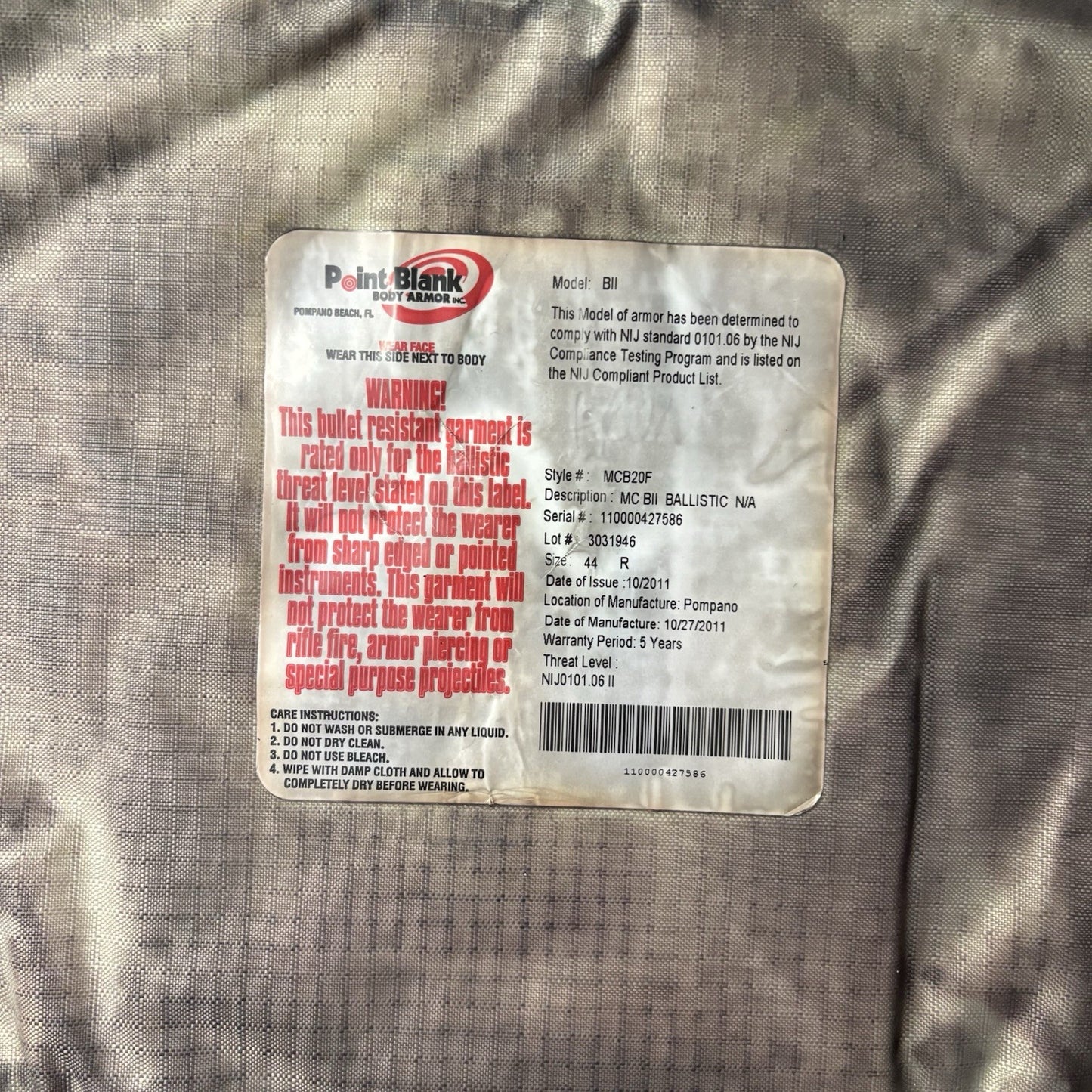 PB Bullet Proof Vest Level 2 II Size Medium Concealable Ballistic Vest THIN10