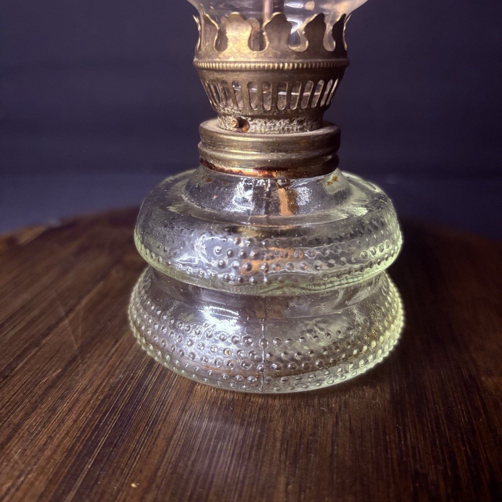 VTG Miniature Hurricane Lamp Clear w/ Hobnail Double Bubble Base Hong Kong Made1