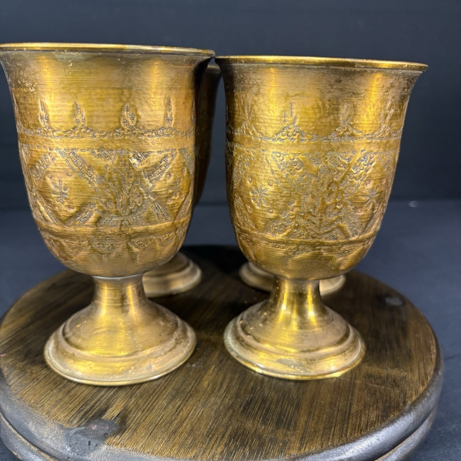 Goblet Set Qajar Dynasty Antique Copper Hand Etched Cups Early 1900s11