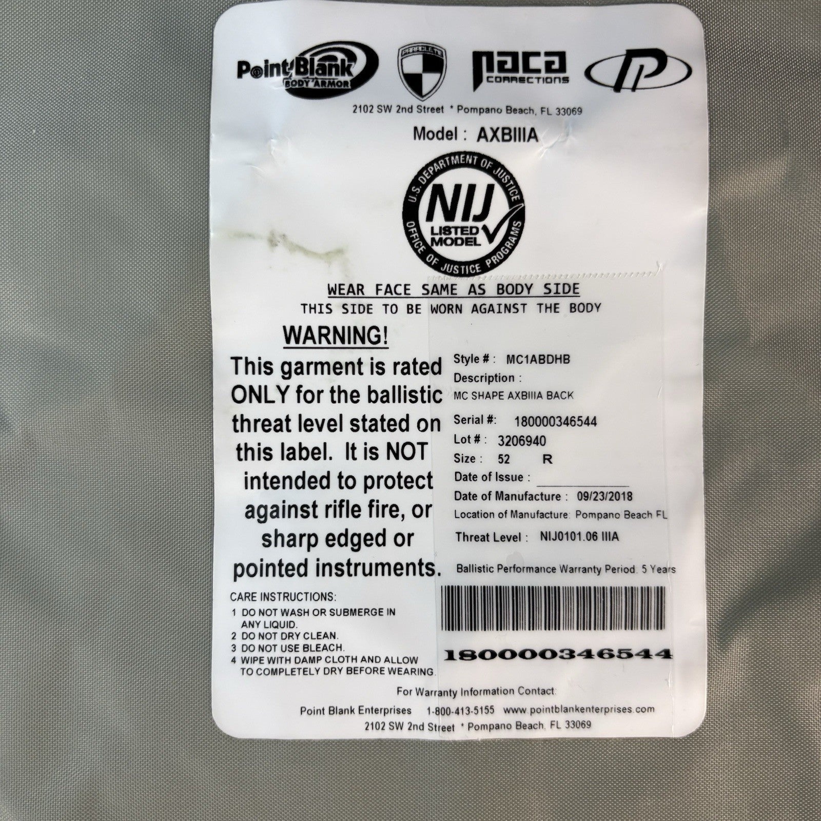 PB AXIIIA Level 3A(IIIA) Armor Size X-Large w/Safariland V1 Overt Carrier Vest21