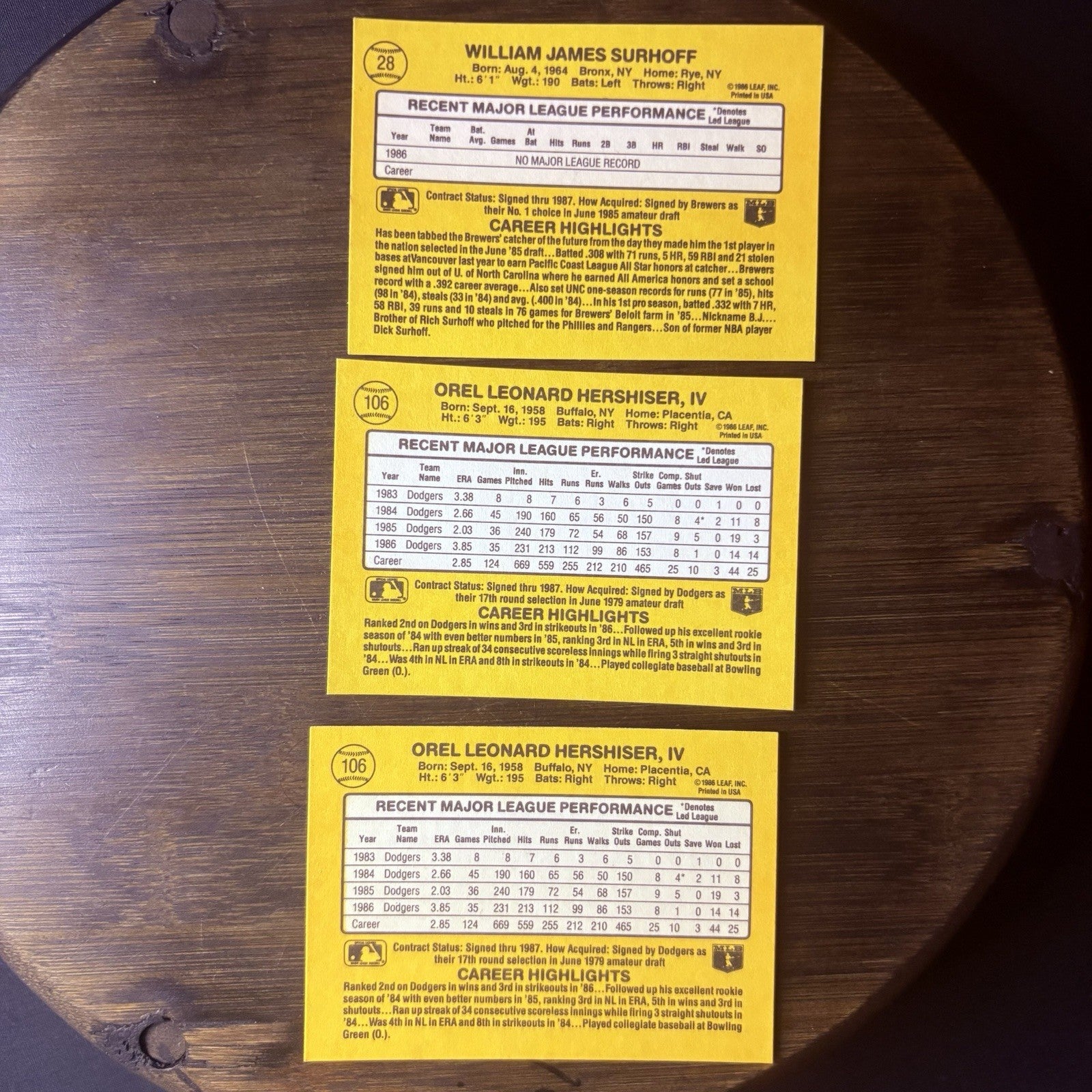 1987 Donruss MLB Card (Lot Of 3) Orel Hershiser & William Surhoff Rookie Card1