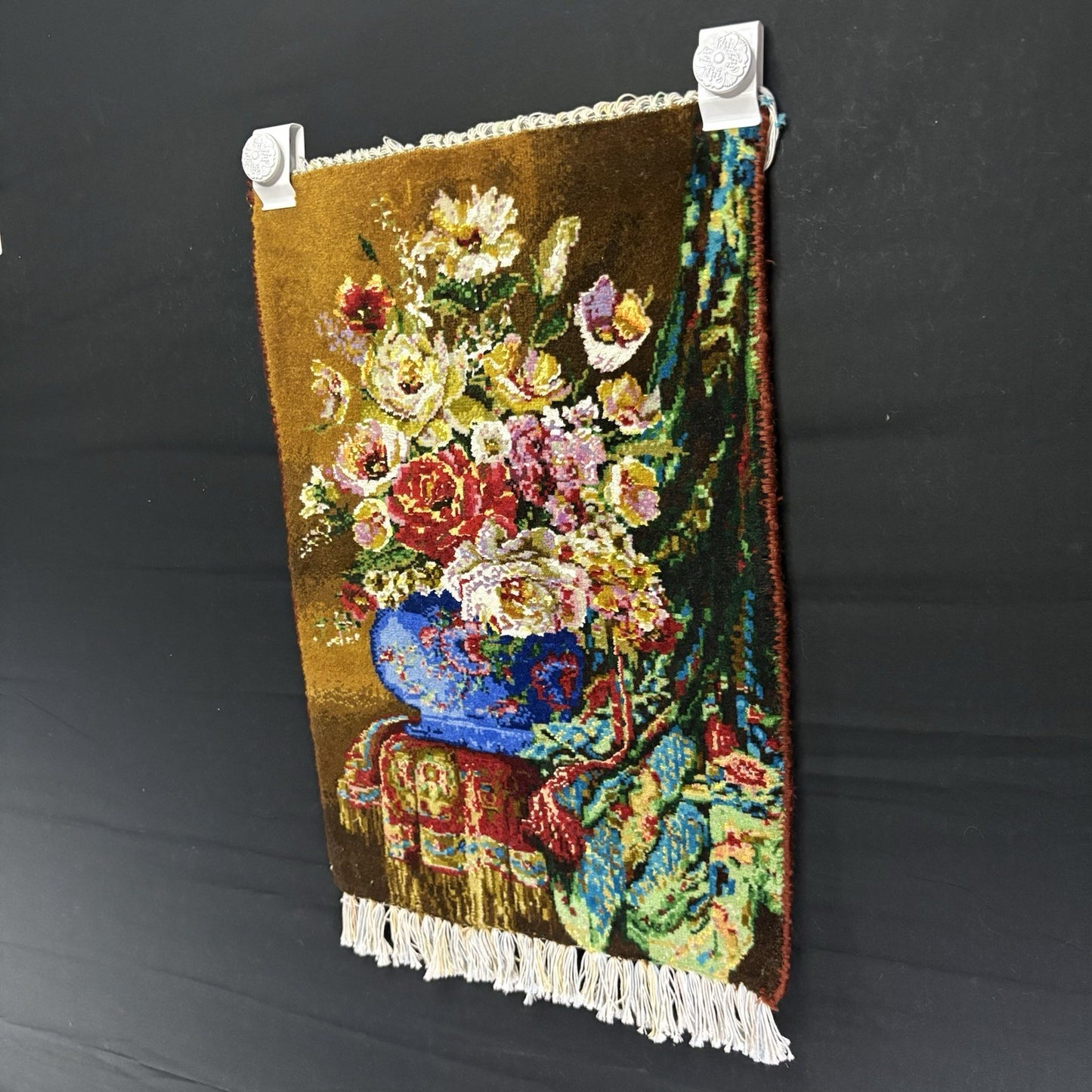 Persian Pictorial Rug Flower Hand Knotted 13”x19”, 33X48cm w/Rug Hangers2