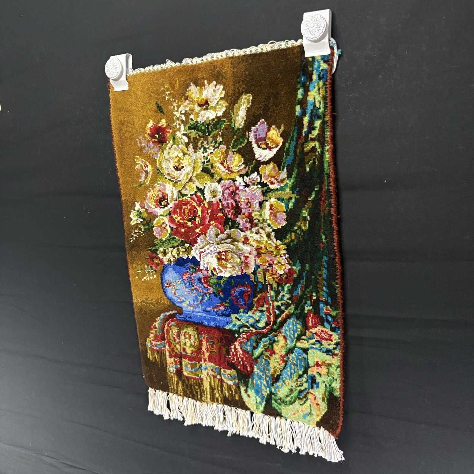 Persian Pictorial Rug Flower Hand Knotted 13”x19”, 33X48cm w/Rug Hangers2