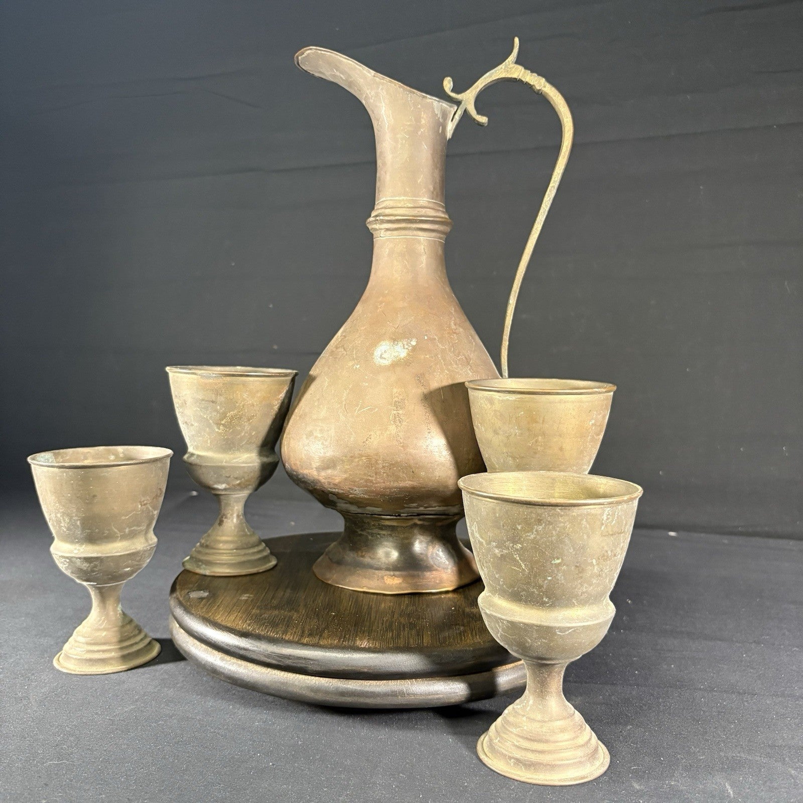 Antique Arabic Pitcher w/ Cups Middle Eastern Hand Hammered Brass Early 1900s2