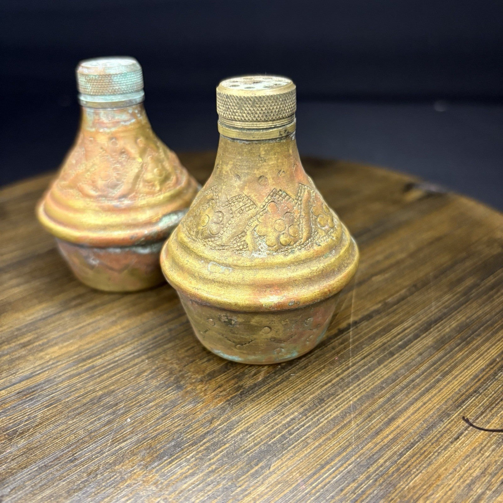 Antique Copper Salt & Pepper Shaker Hand Etched Copper Early 1900s2
