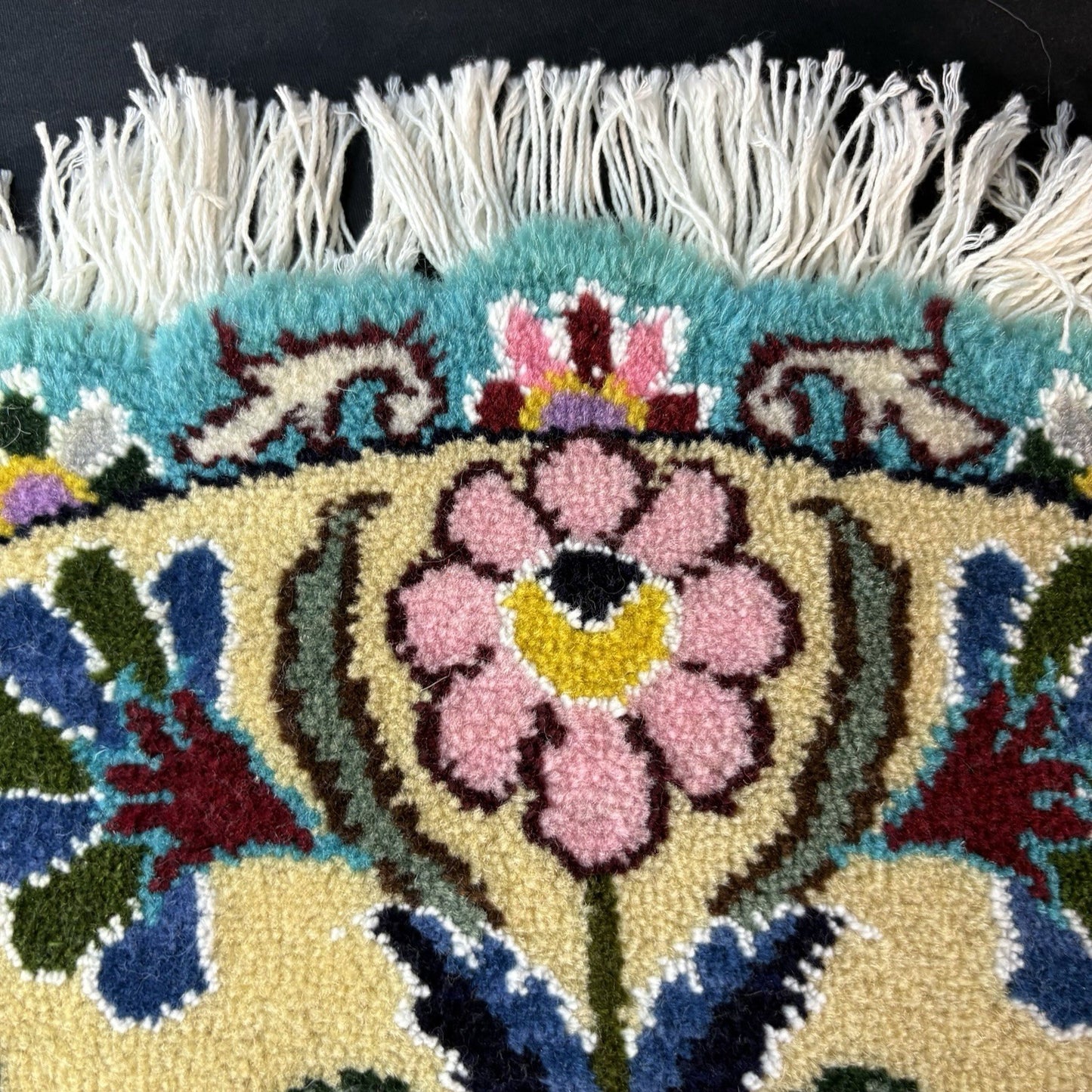 Persian Nain Round Flower Rug Yellow Hand Knotted Size 20”x20” Or 50cm X 50cm12