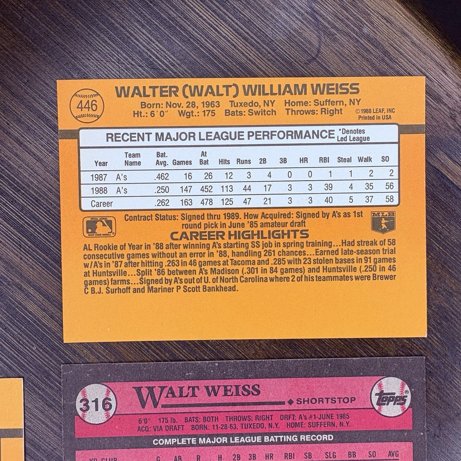 1989 Walt Weiss Trading Card (Lot Of 4) #316, #446, #24 HIGH GRADE15