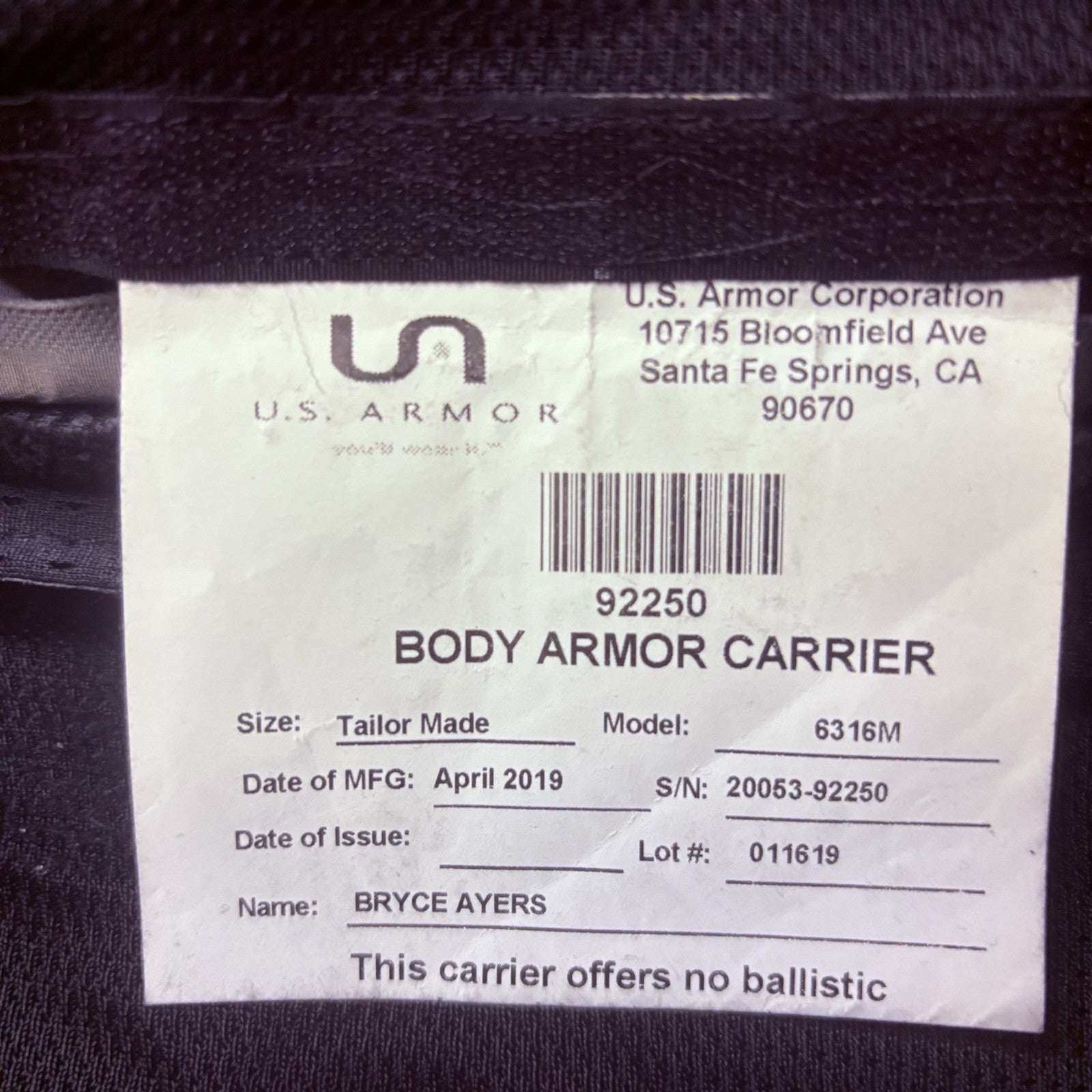 US Armor IIIA (3A) Bullet Proof Concealable Vest -Size SMALL- 201911