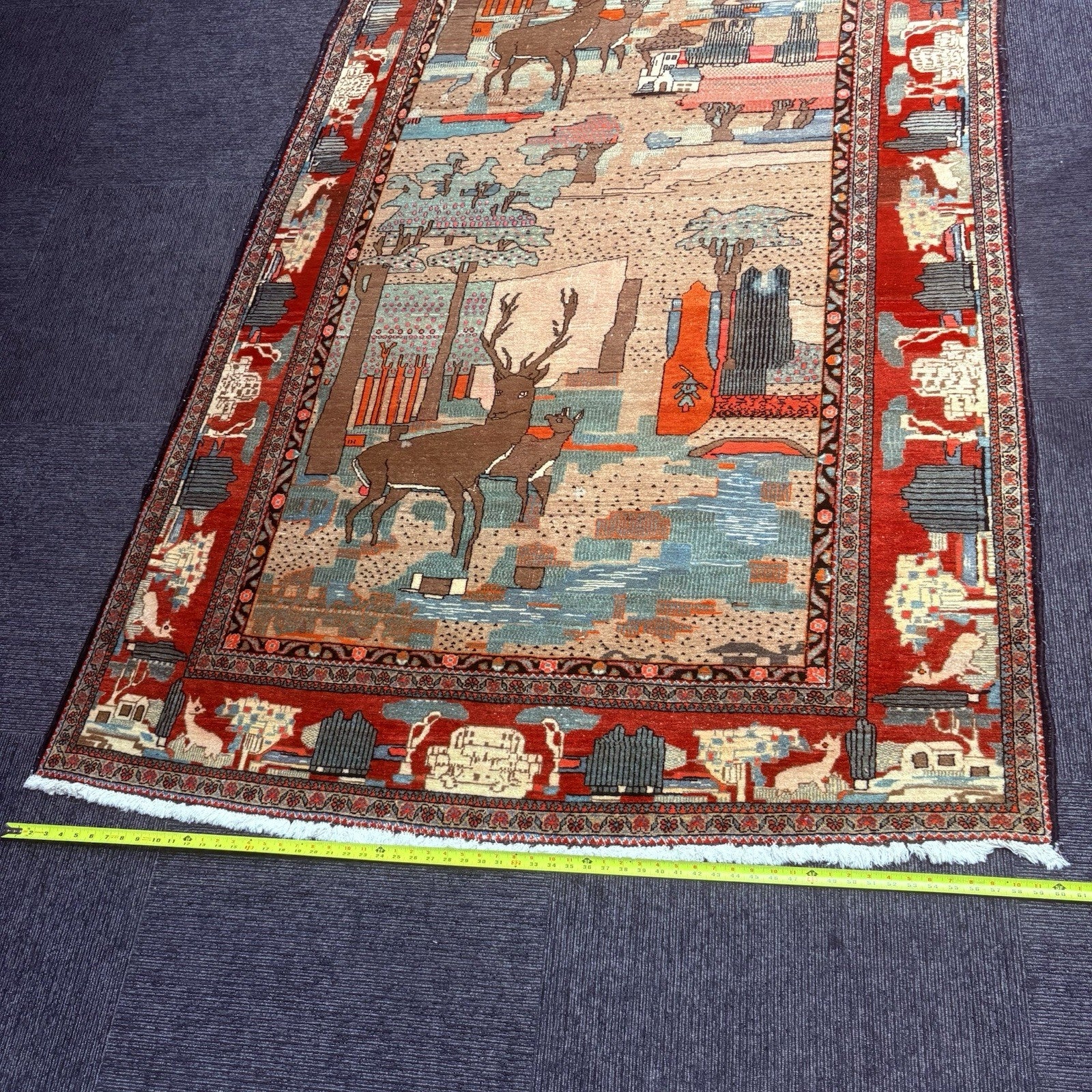 Antique Hand Knotted Pictorial Rug 9'x5' 1940s Kashann Rug10