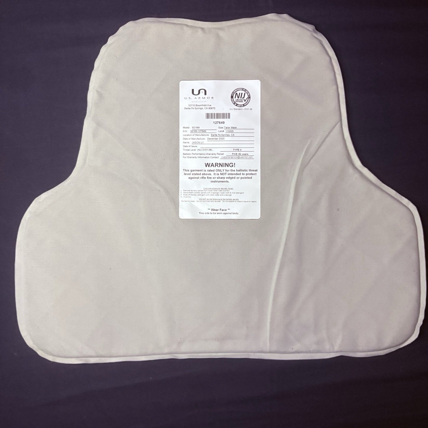 US Armor Level II (2)  Bullet Proof Concealable Vest -Size SMALL- 202015