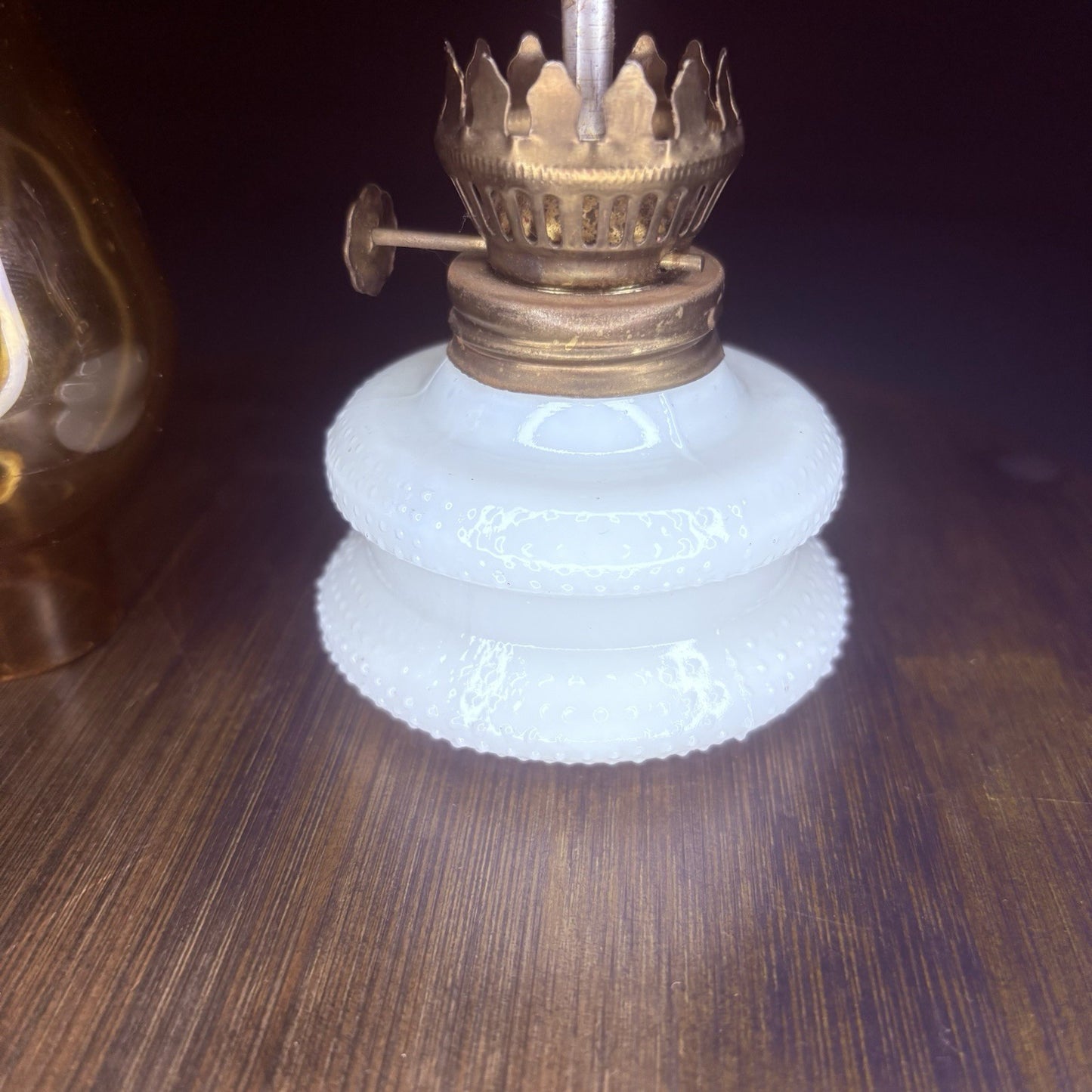 VTG Miniature Hurricane Oil Lamp Hobnail Milk Glass Base Amber Globe, Hong Kong6
