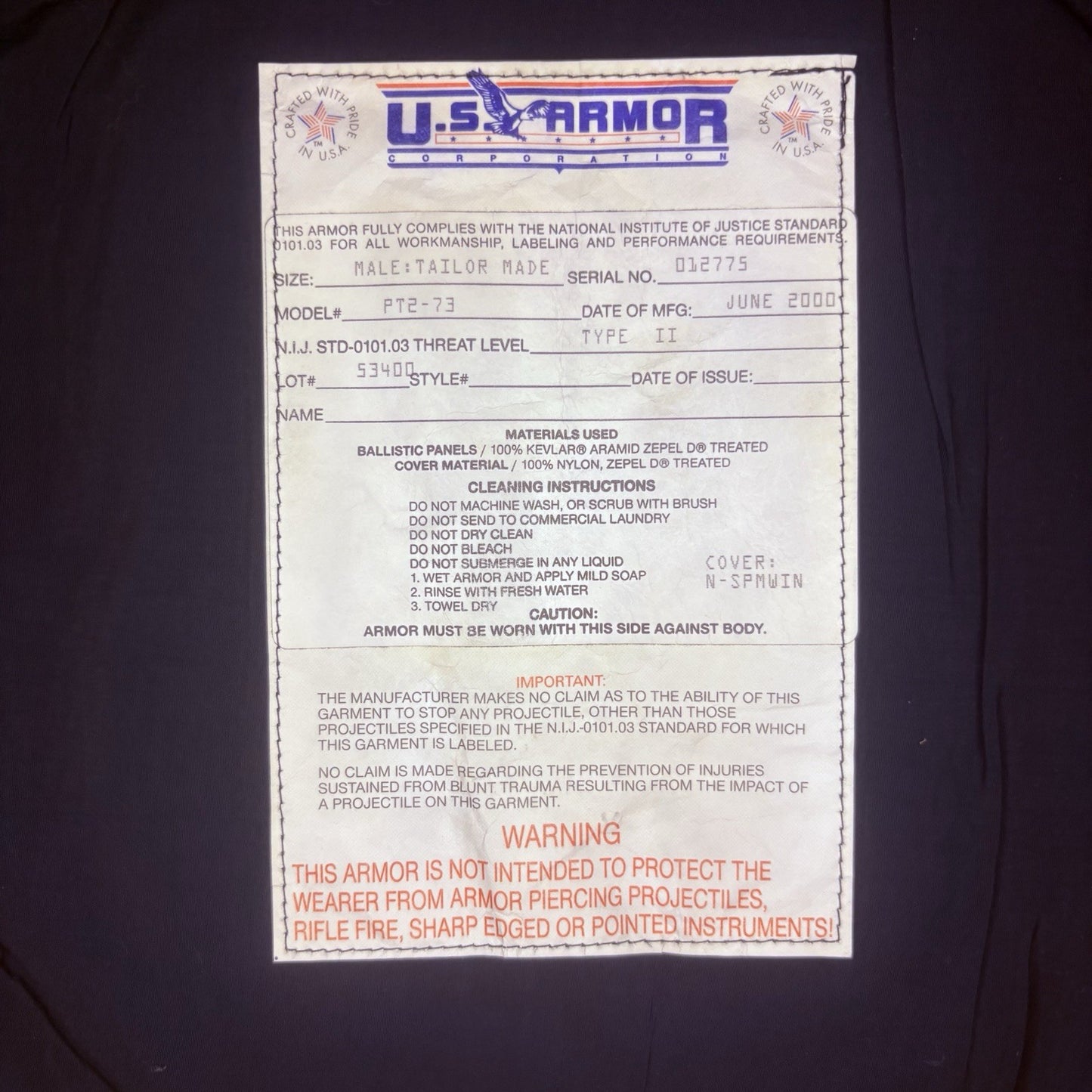 US Armor Bullet Proof Vest Size Large Ballistic Level 2 II Made In USA10
