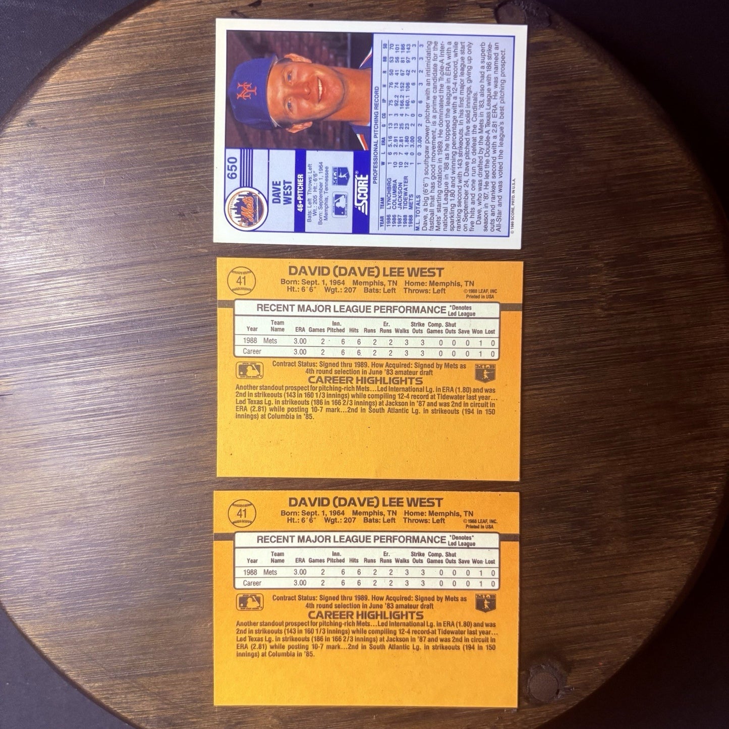 (2) 1989 Donruss # 41 DAVE WEST Rated Rookie & (1) #650 Score Trading Card1