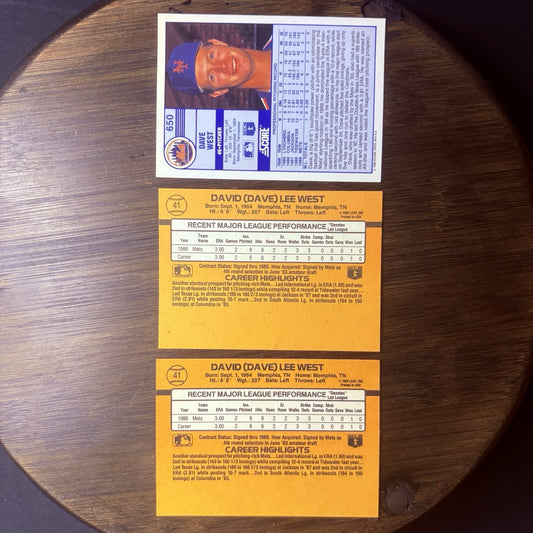 (2) 1989 Donruss # 41 DAVE WEST Rated Rookie & (1) #650 Score Trading Card1