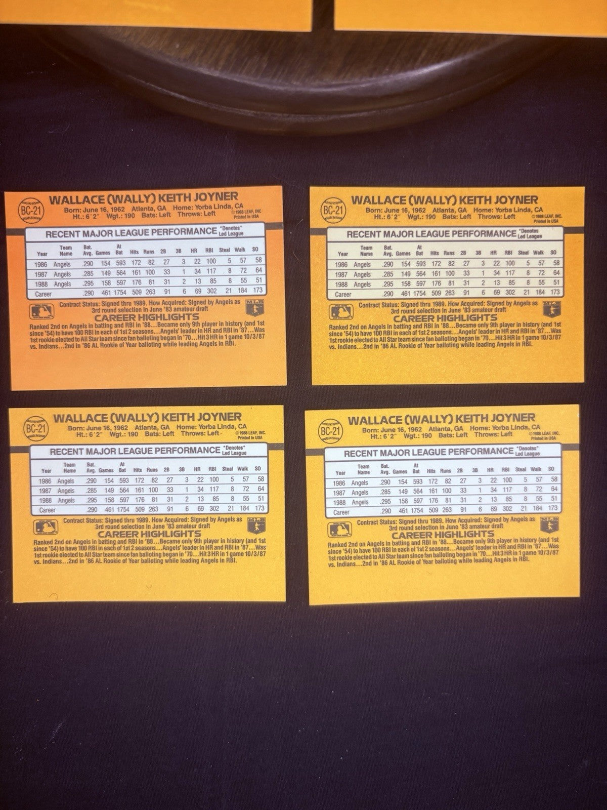(LOT of 10) Wally Joyner 1989 DONRUSS MVP Baseball cards (#BC21, #52) NM5