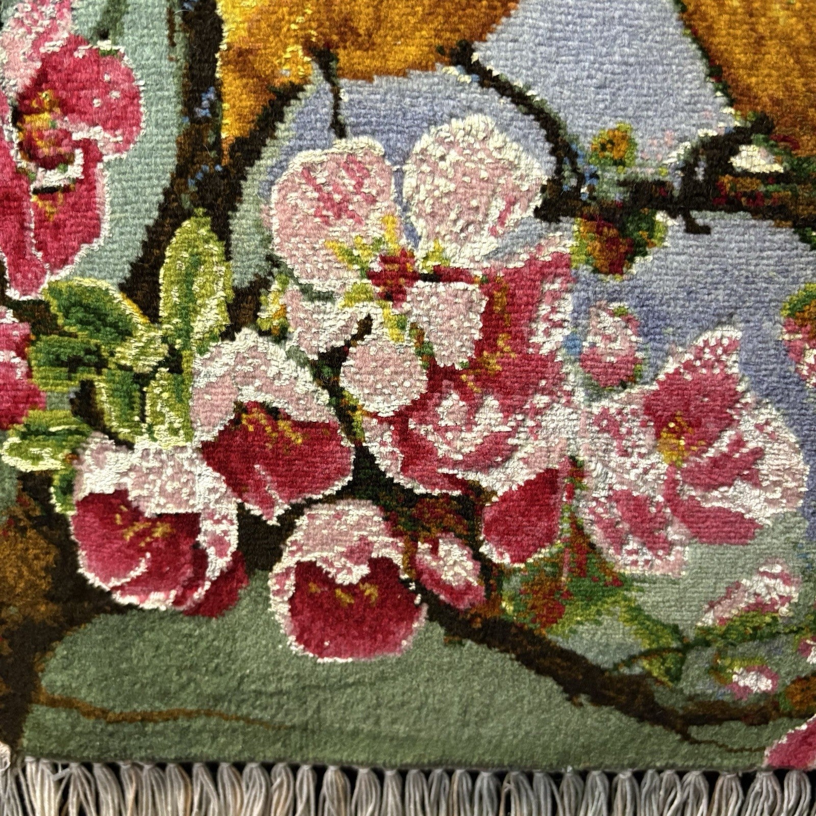 Per’sian Pictorial Rug Hand Knotted Birds & Flowers w/Silk 21”x15” w/Rug Hangers9