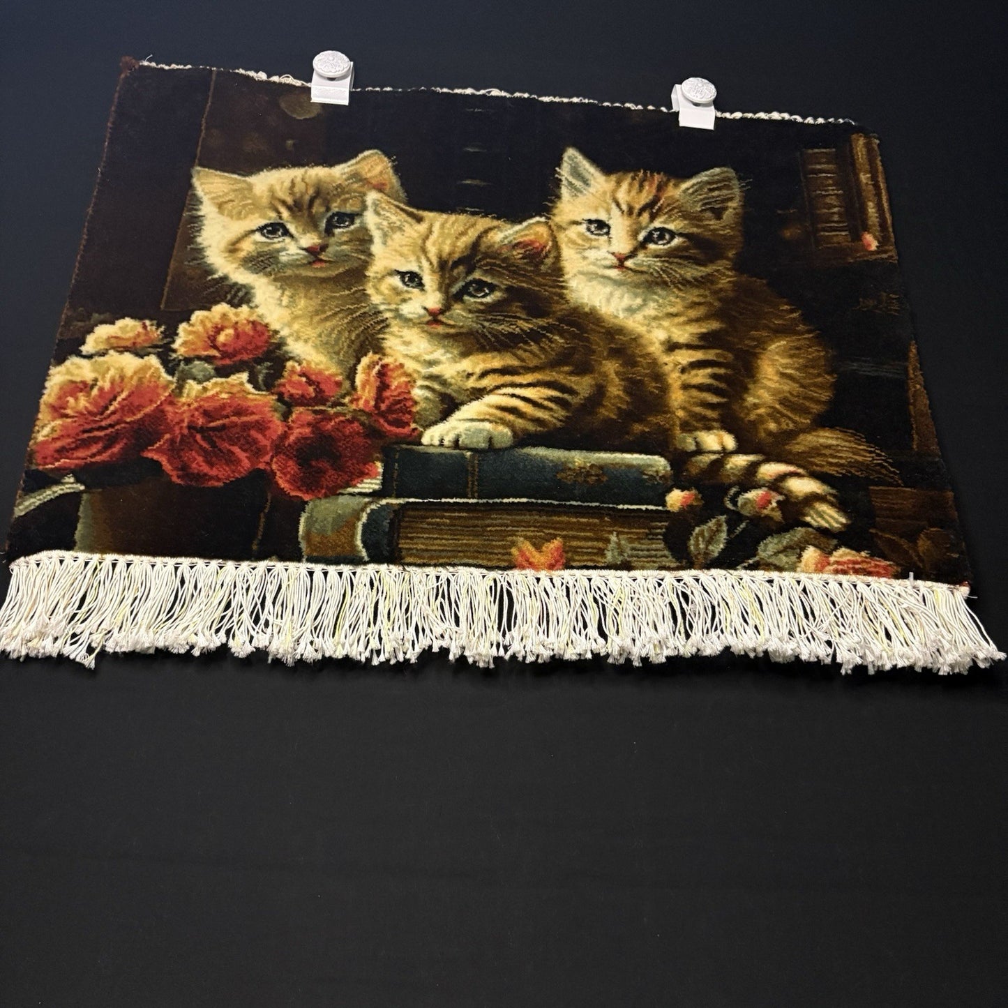 Persian Pictorial Rug Kittens Hand Knotted w/Silk Inlays 24”x16” w/Rug Hangers4