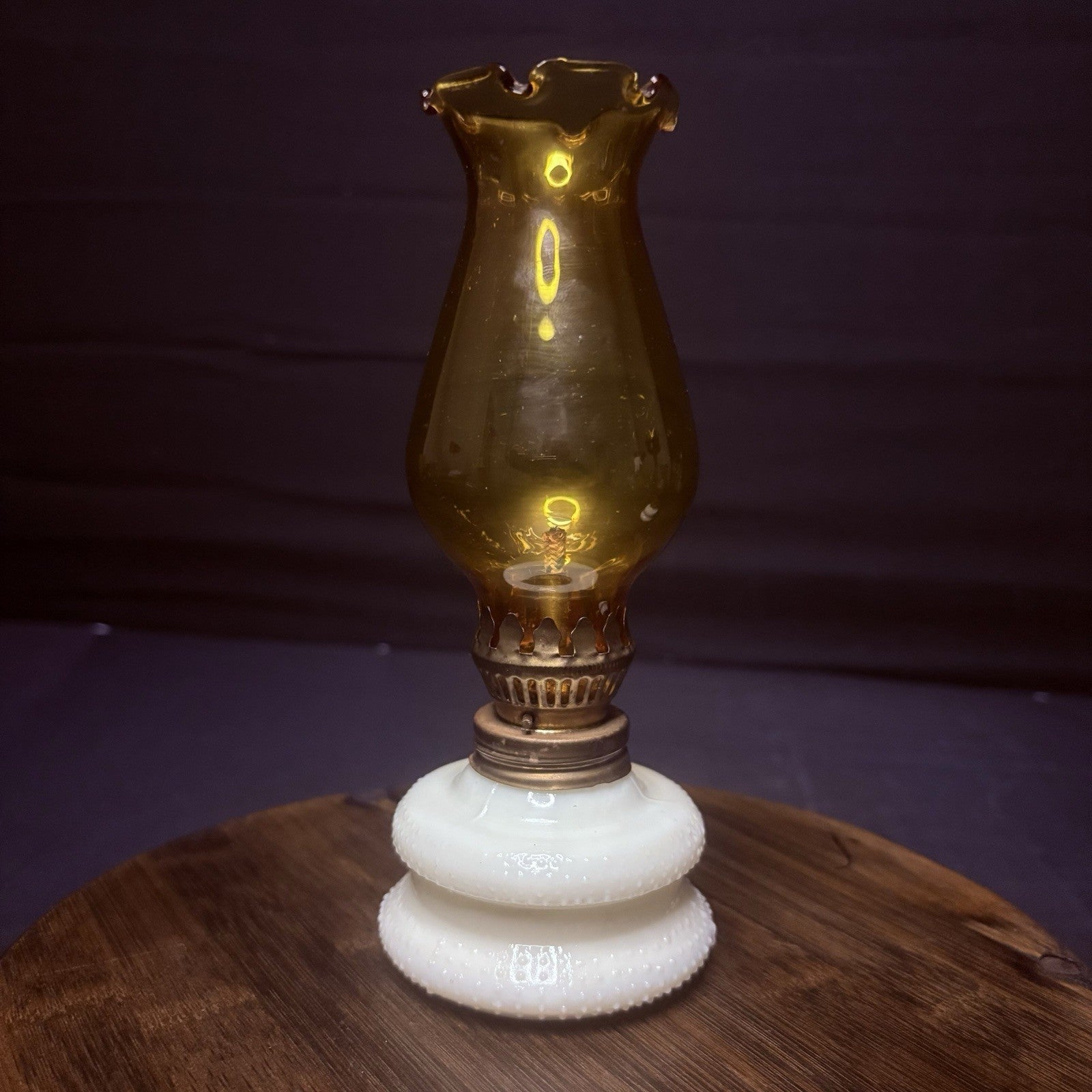 VTG Miniature Hurricane Oil Lamp Hobnail Milk Glass Base Amber Globe, Hong Kong14