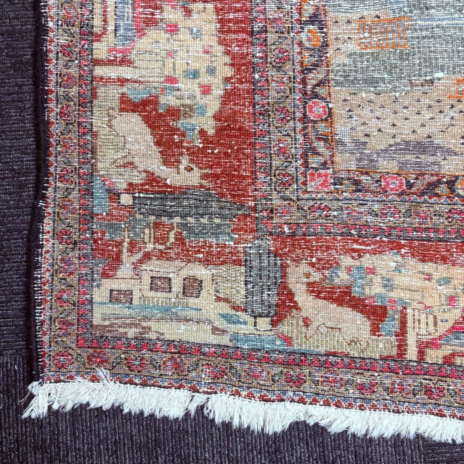 Antique Hand Knotted Pictorial Rug 9'x5' 1940s Kashann Rug19