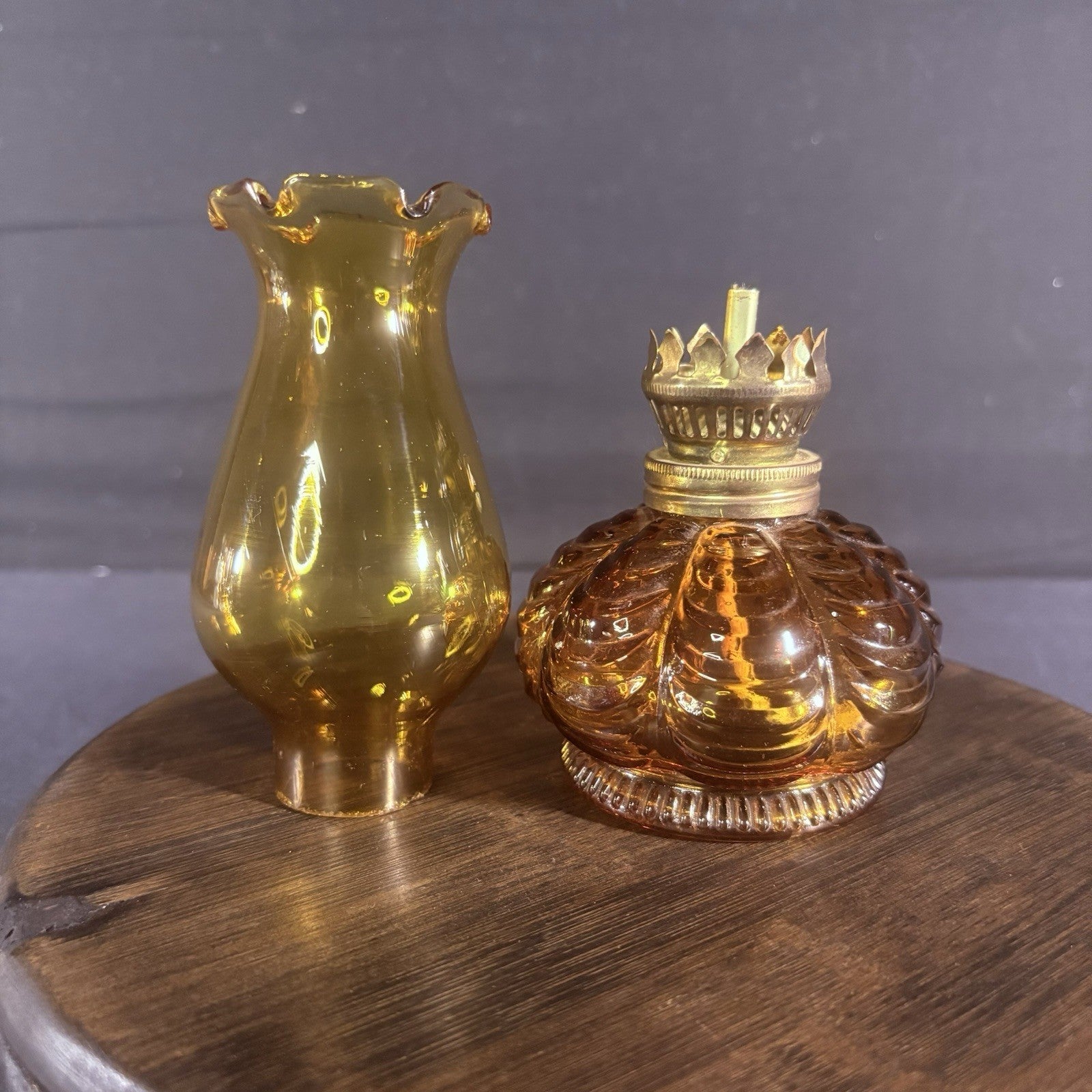 VTG Miniature Hurricane Oil Lamp Amber Base, Hong Kong 8" Clear Shade4