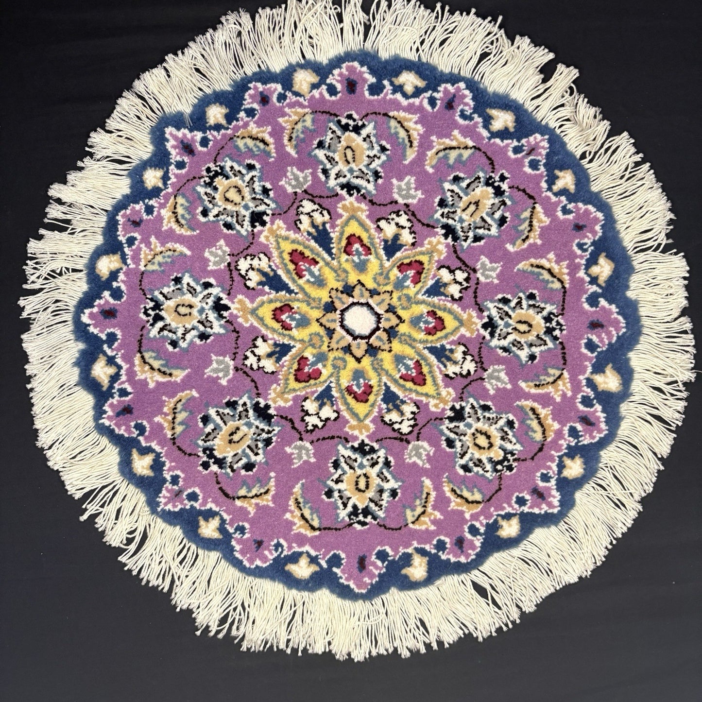Persian Nain Round Rug Purple Medallion Rug Hand Knotted Size 15”x15” Or 38cm6