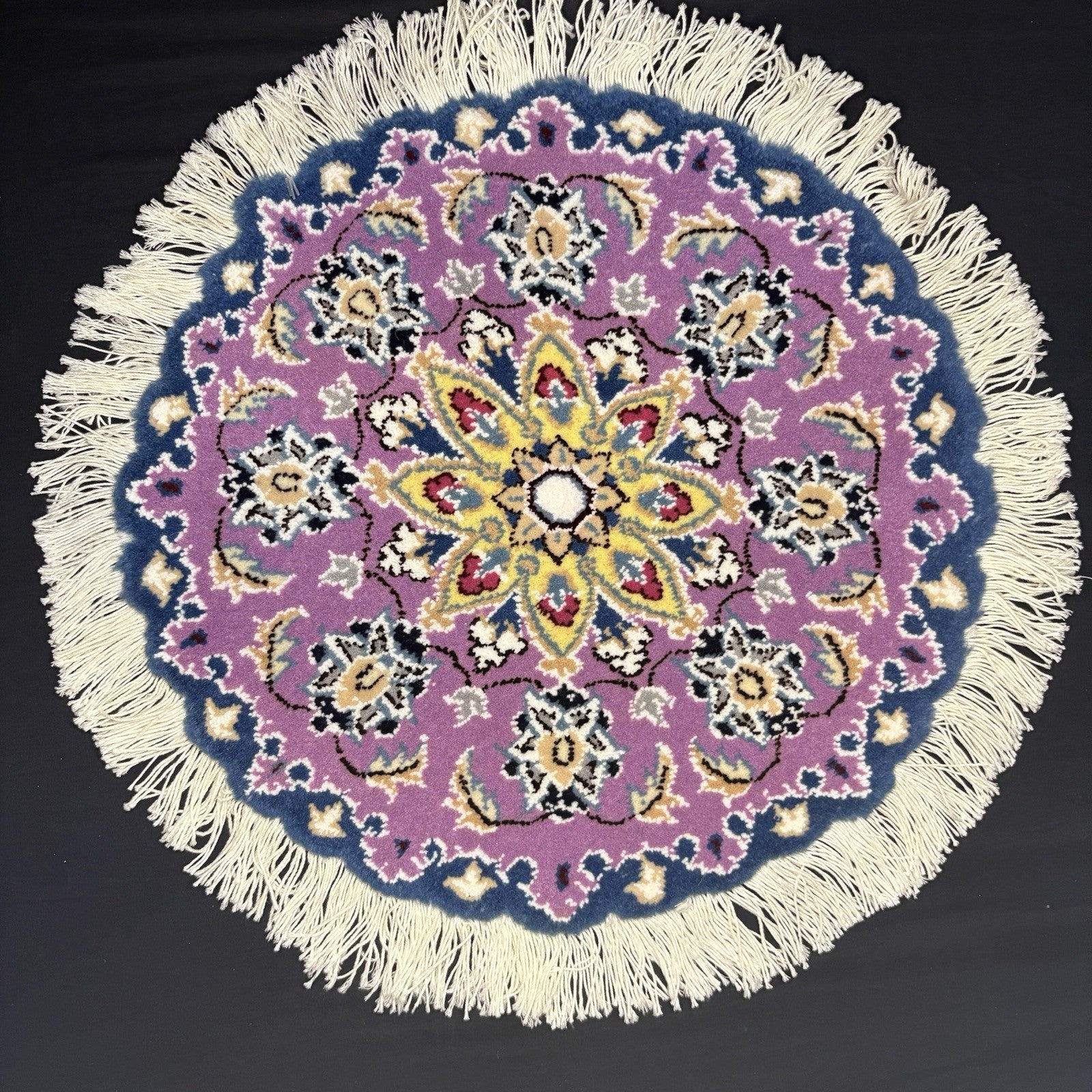 Persian Nain Round Rug Purple Medallion Rug Hand Knotted Size 15”x15” Or 38cm6