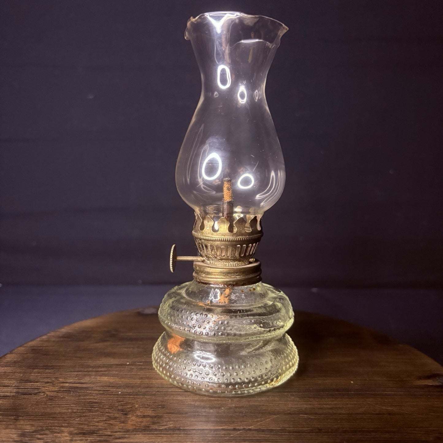 VTG Miniature Hurricane Lamp Clear w/ Hobnail Double Bubble Base Hong Kong Made0