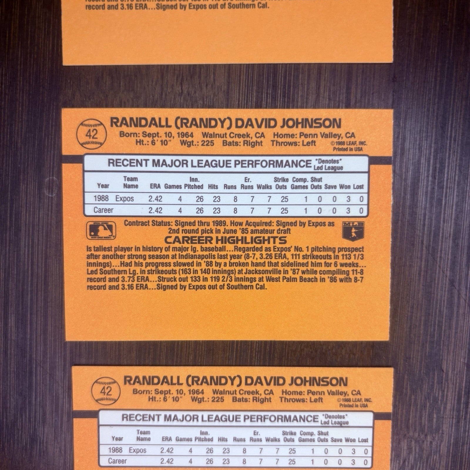 1989 Donruss RANDY JOHNSON Rookie Card #42  Montreal EXPOS  (Lot of 3)6