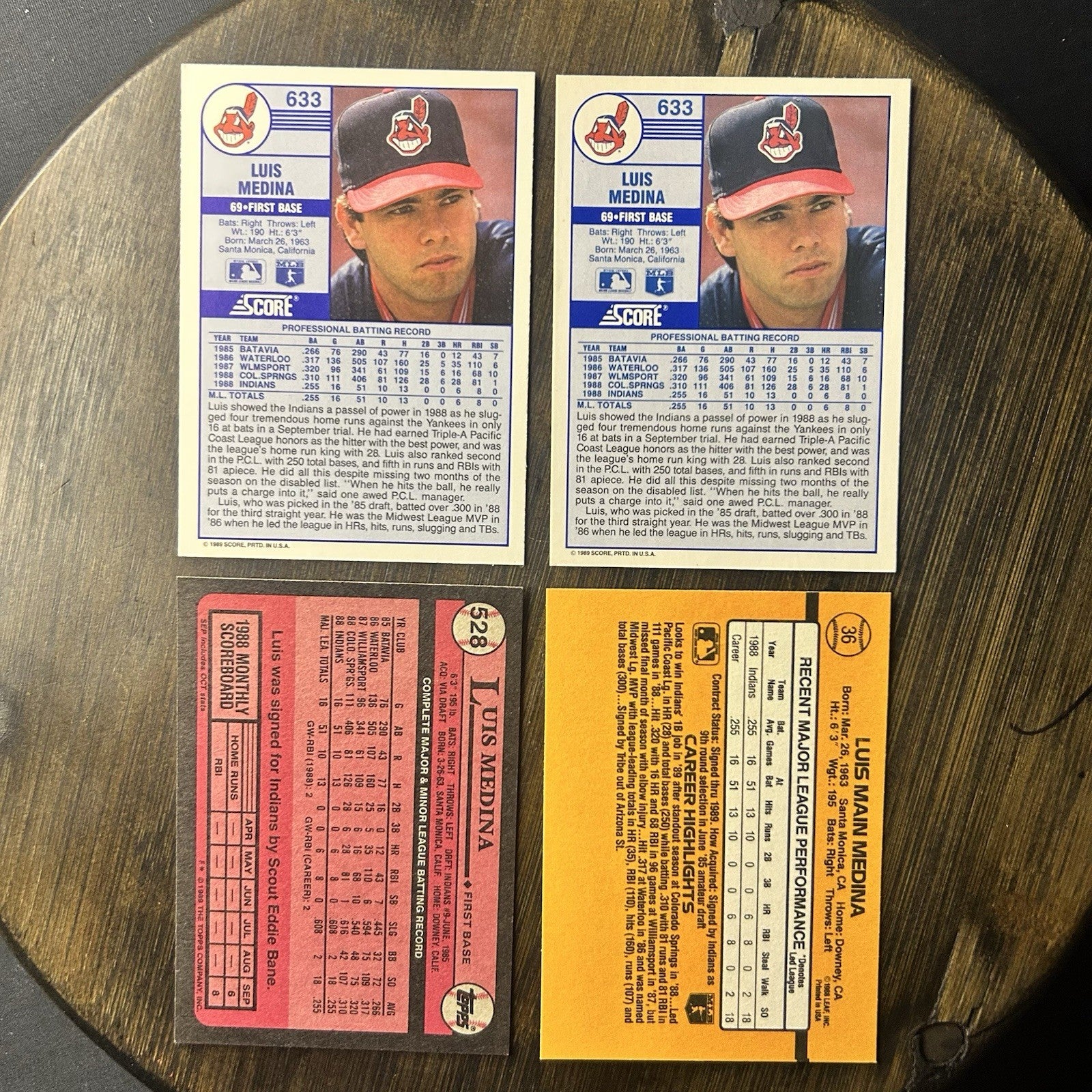 (4) 1989 Luis Medina Rookie Card Lot #633, #528, #36 Cleveland Indians1