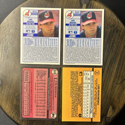 (4) 1989 Luis Medina Rookie Card Lot #633, #528, #36 Cleveland Indians1